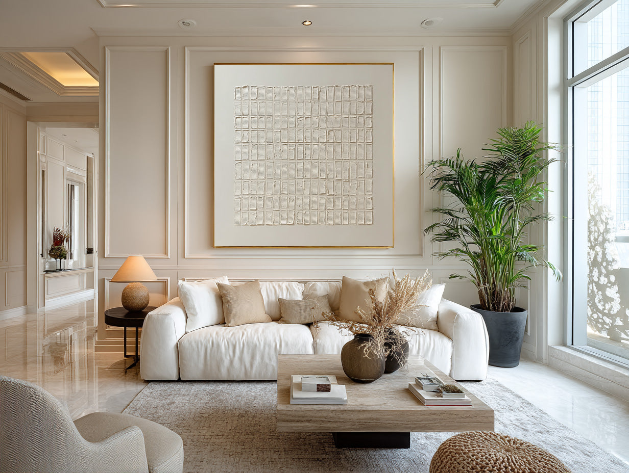 Modern Textured Wall Art Cream White Grid Decor #WG 058