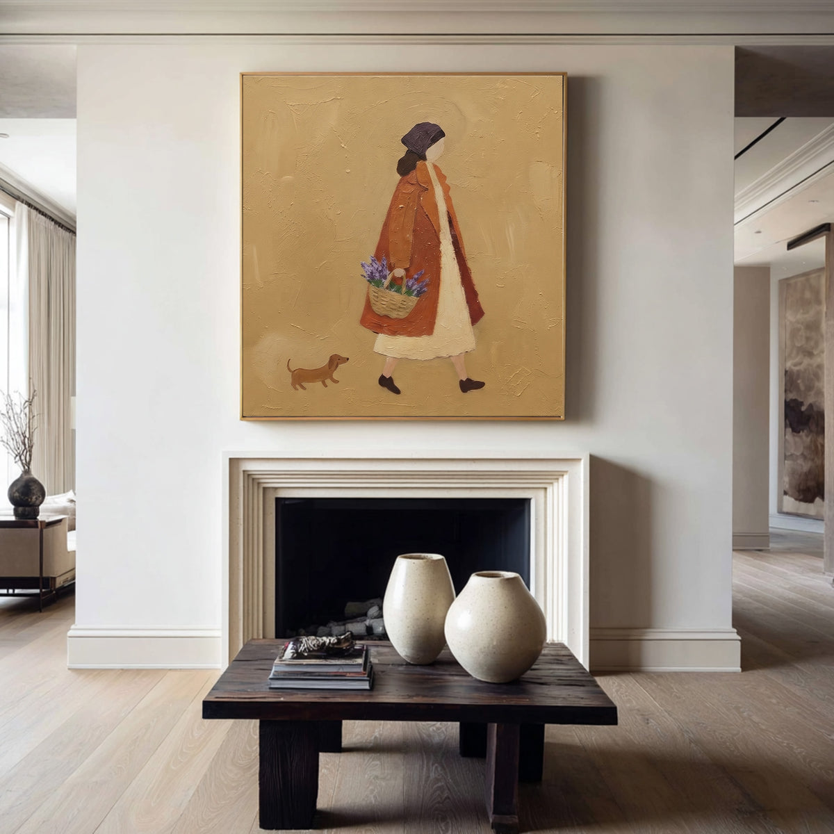 French Countryside Walk With A Companion Woman Dog Original Painting Rustic European Wall Art