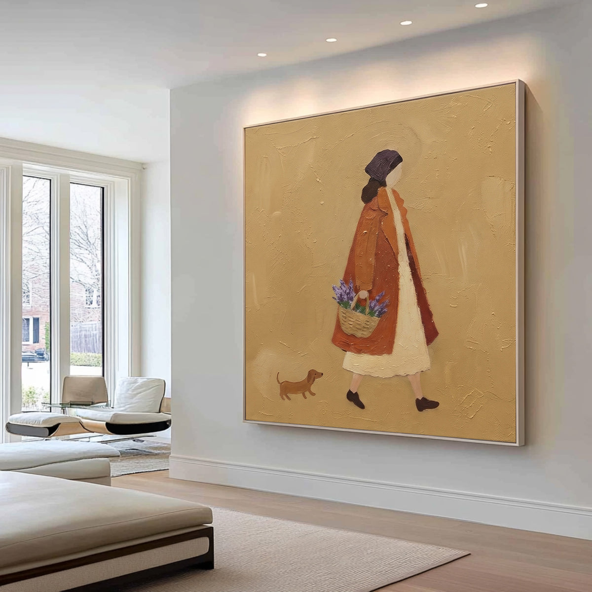French Countryside Walk With A Companion Woman Dog Original Painting Rustic European Wall Art