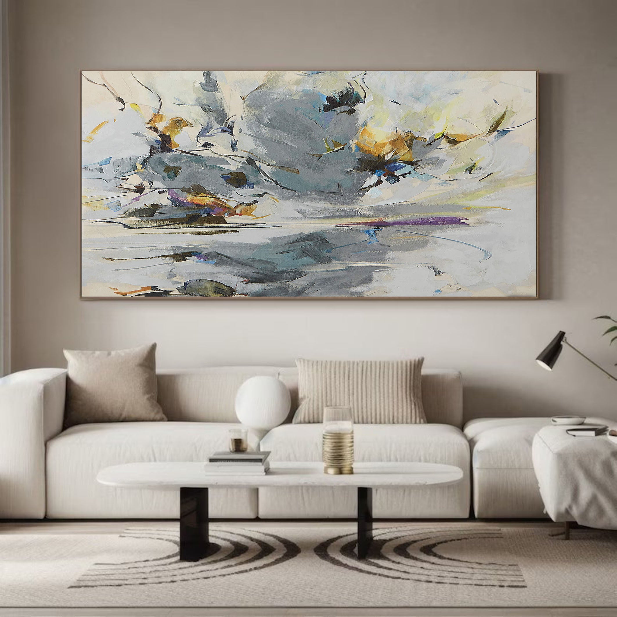 Abstract with Horizontal Lines and Cloudy Forms,  Gray Canvas #BGA 054