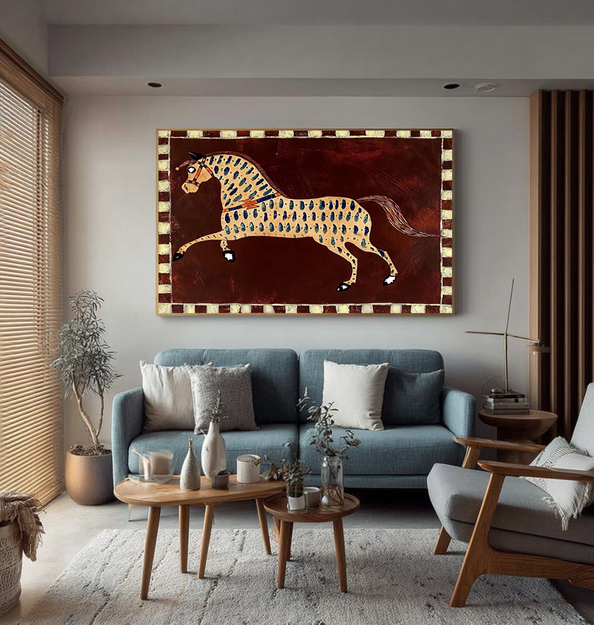 Large Folk Horse Wall Art Colorful Equestrian Canvas Painting | ArtvistaGallery