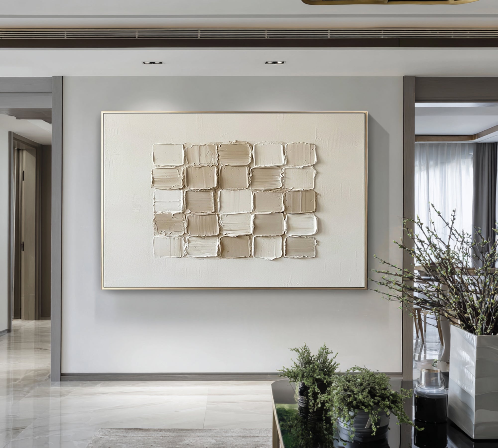 Large Neutral Brick Texture Wall Art Horizontal Hand Painted Canvas 