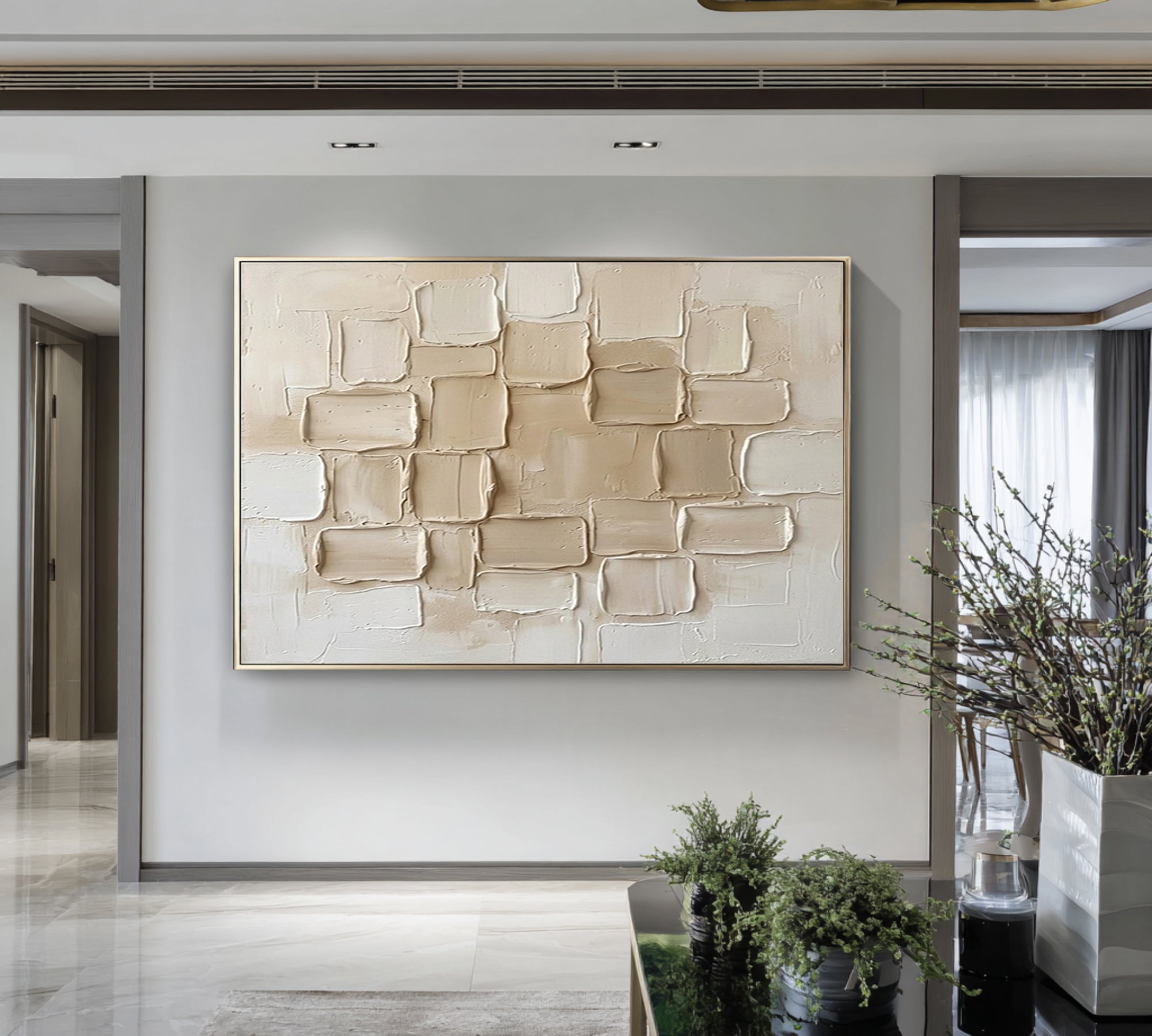 Large Neutral Brick Wall Art Horizontal Textured Abstract Canvas