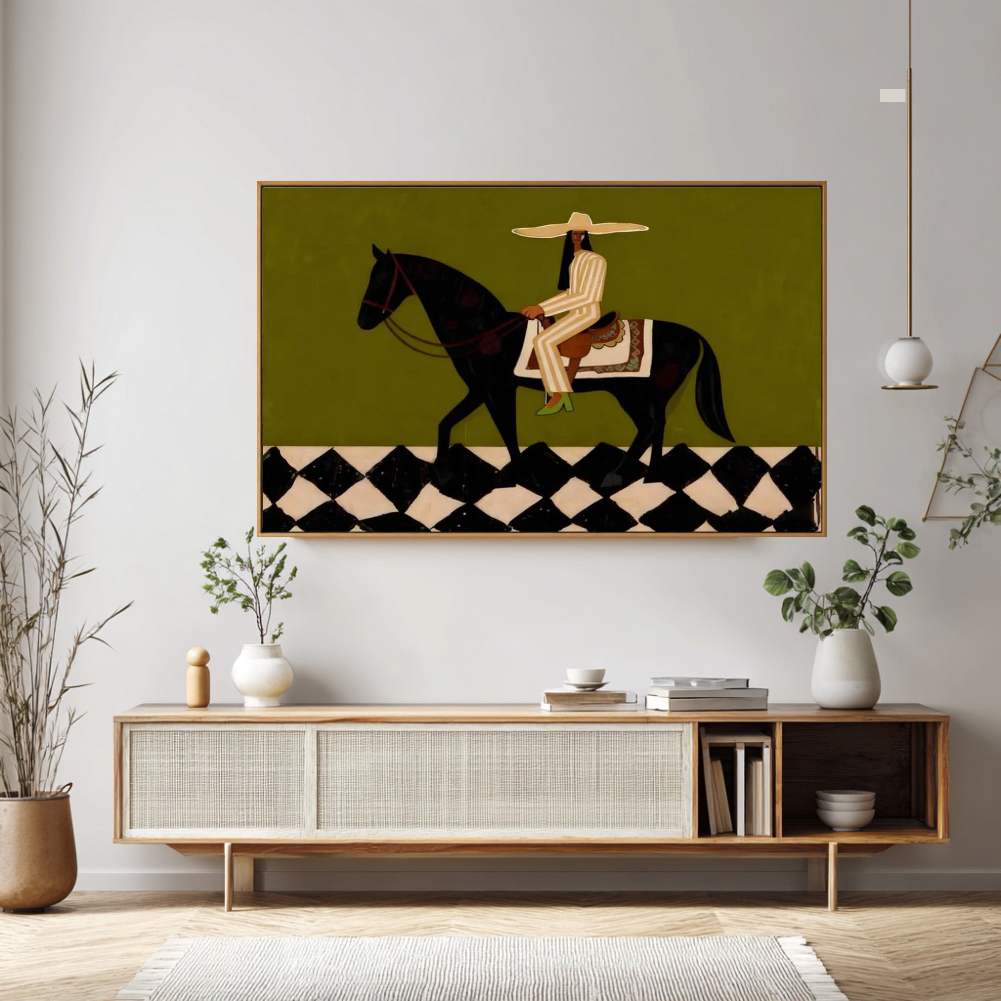 Large Western Rider Wall Art Green Abstract Horse Painting | ArtvistaGallery 