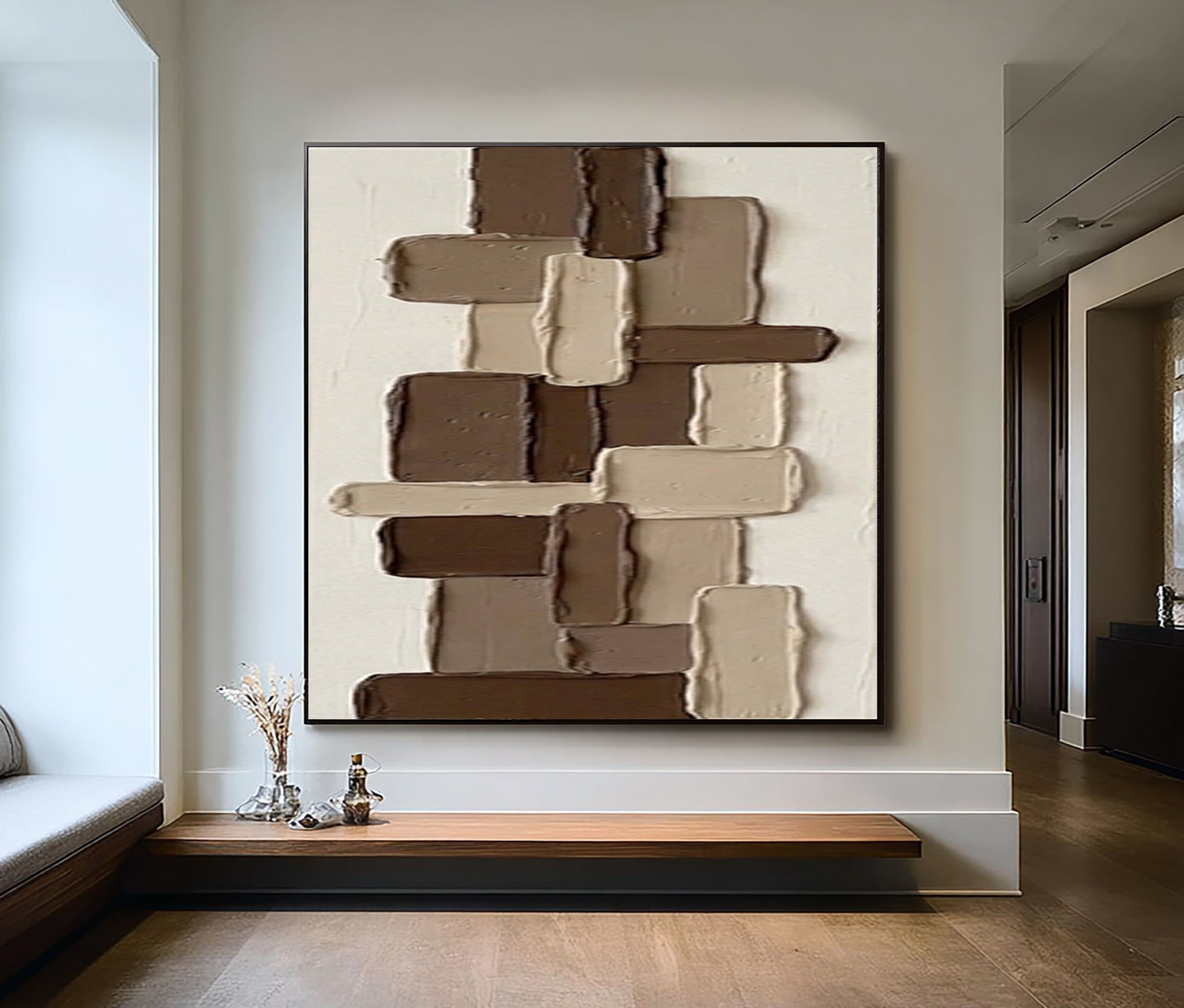 Large Brown Geometric Textured Wall Art Hand Painted Abstract Canvas