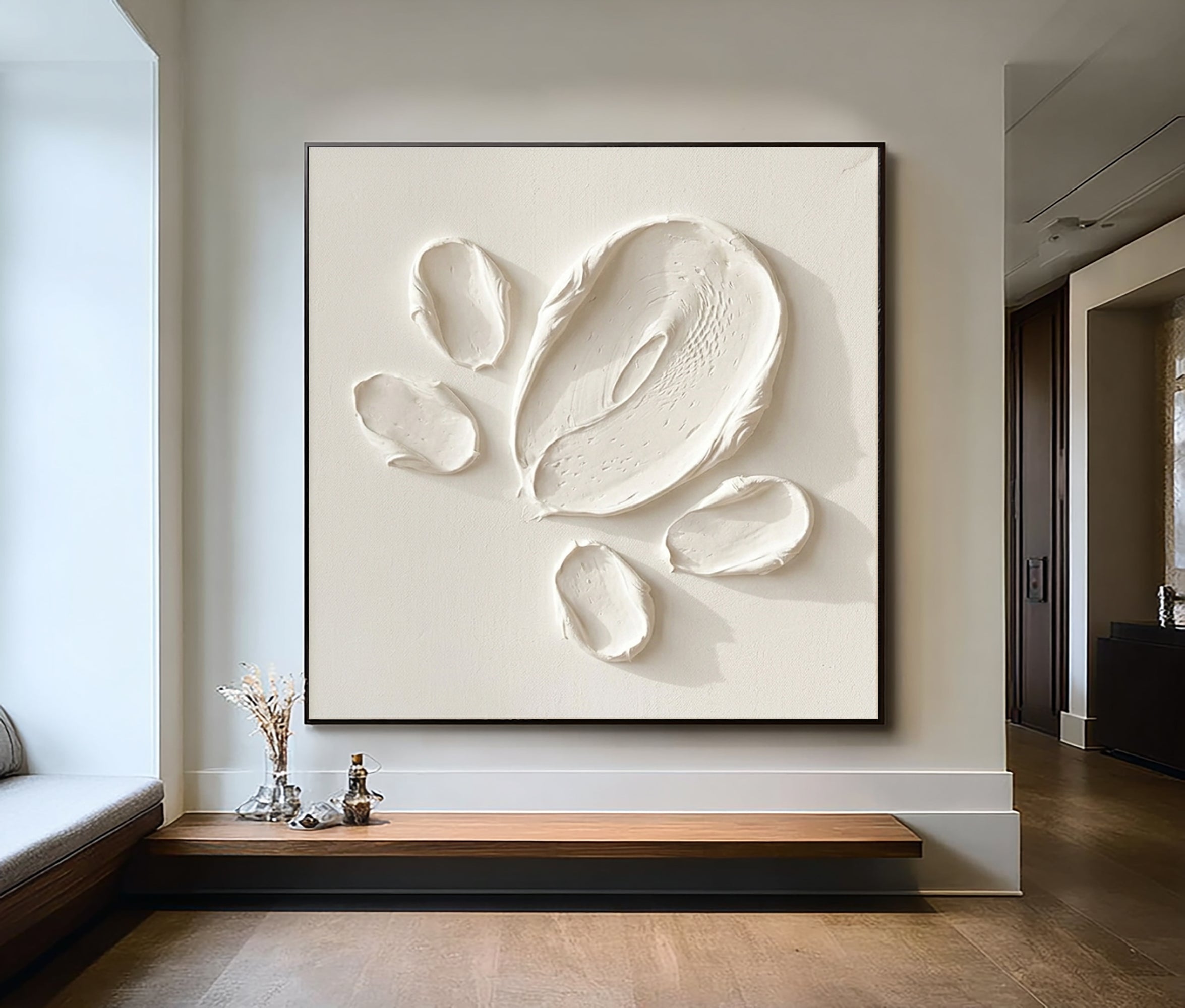 Large Minimalist White Oil Painting with Abstract Textured Petal Wall Art 