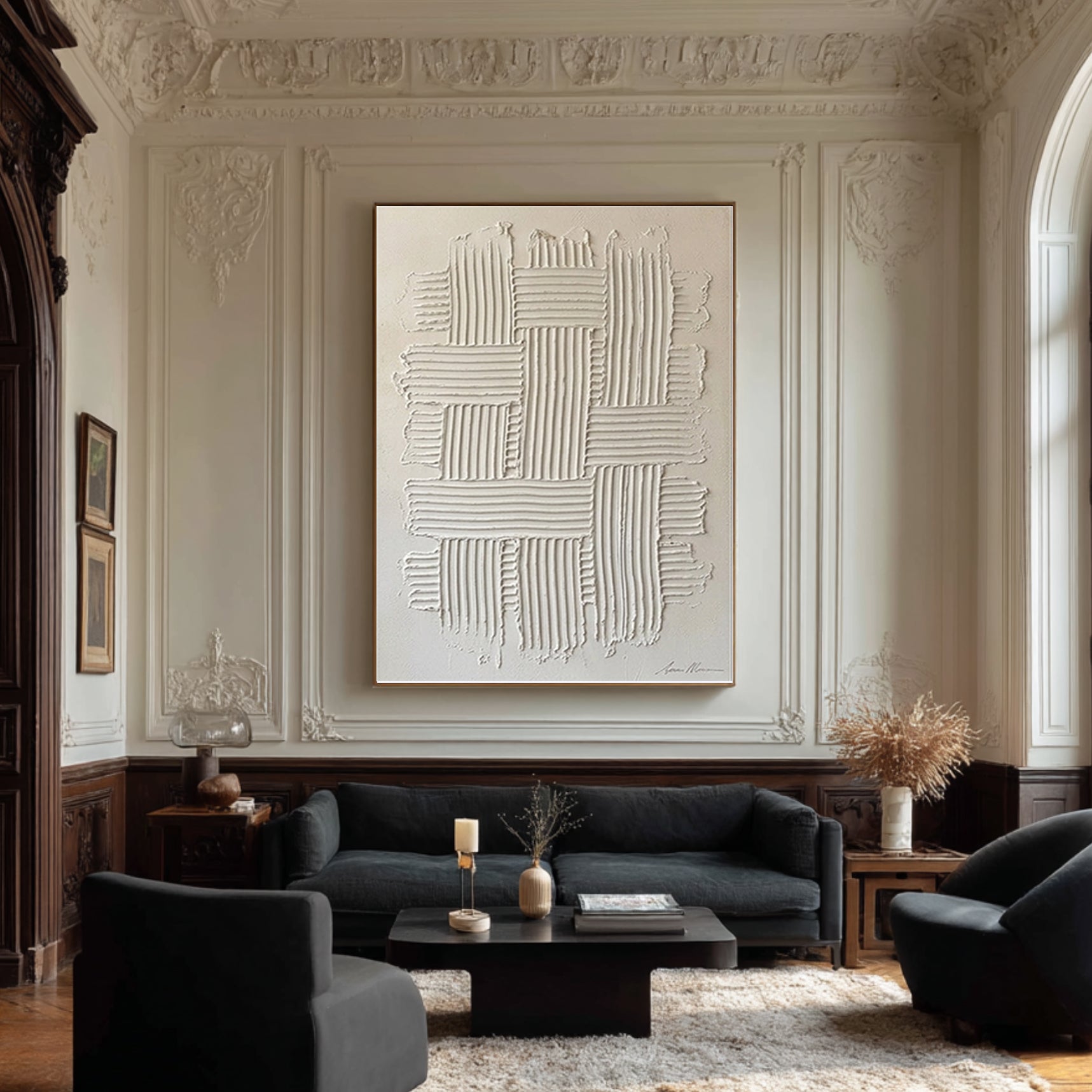 Large White Woven Texture Wall Art Minimalist Relief Canvas Painting
