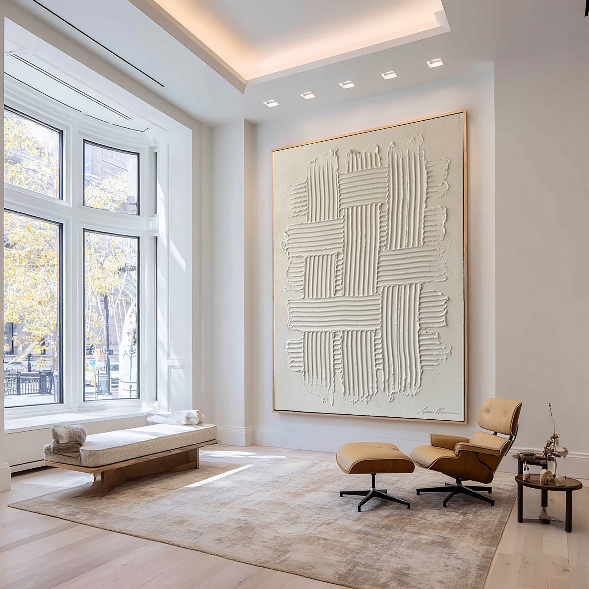 Large White Woven Texture Wall Art Minimalist Relief Canvas Painting