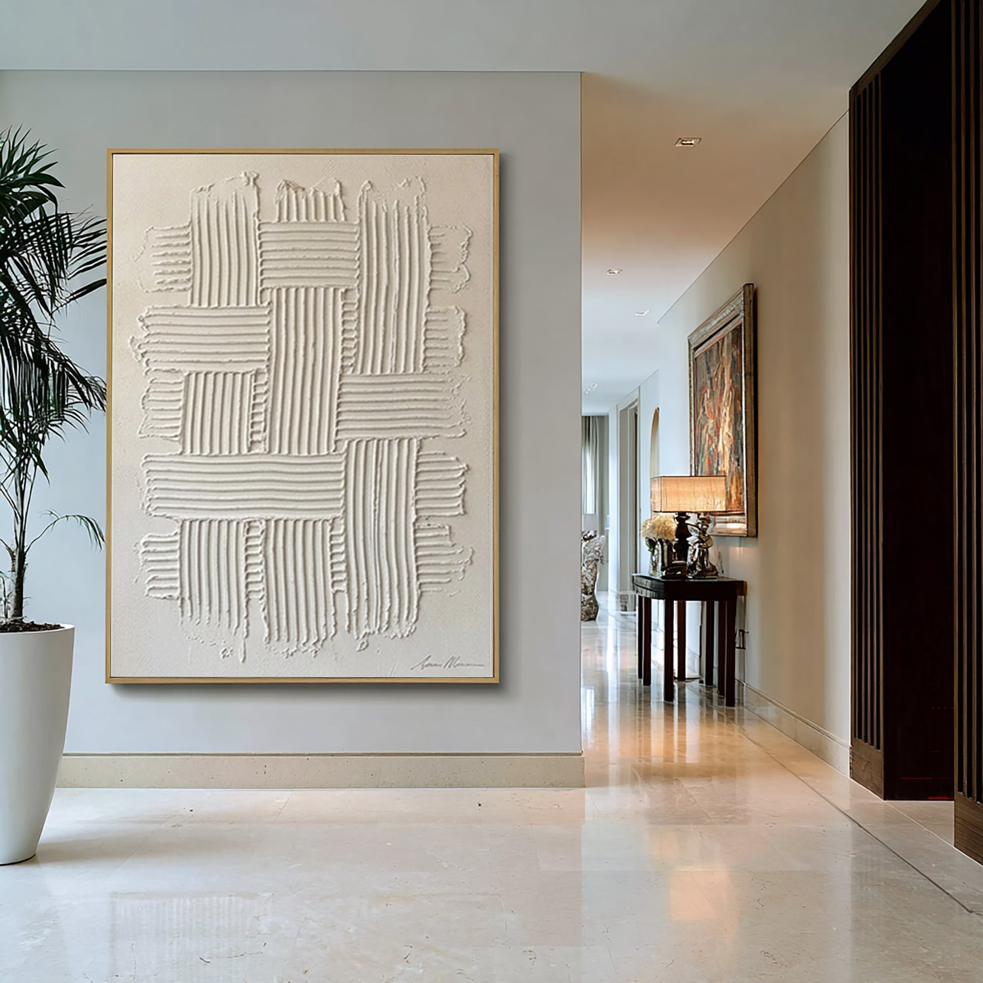 Large White Woven Texture Wall Art Minimalist Relief Canvas Painting