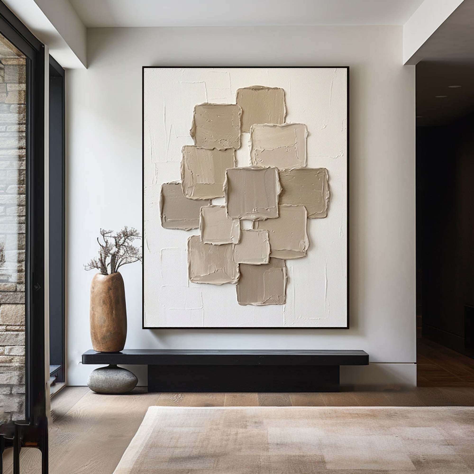 Large Stacked Cubes Textured Canvas Art Contemporary Neutral Wall Decor 