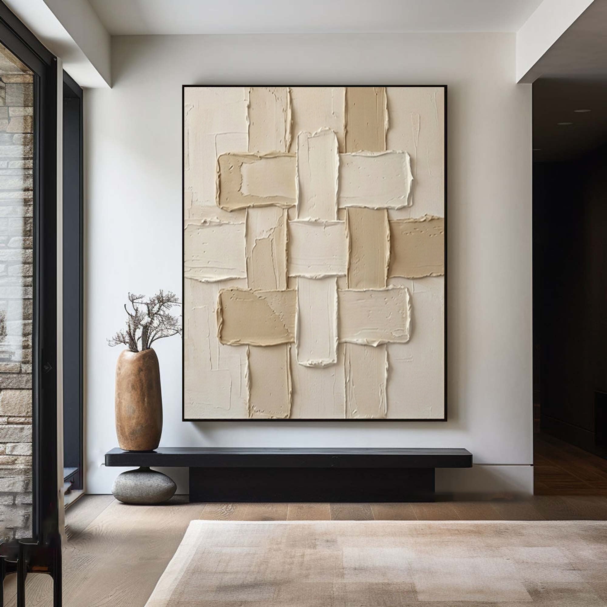 Large Neutral Interlocking Textured Canvas Art Modern Geometric Wall Decor 