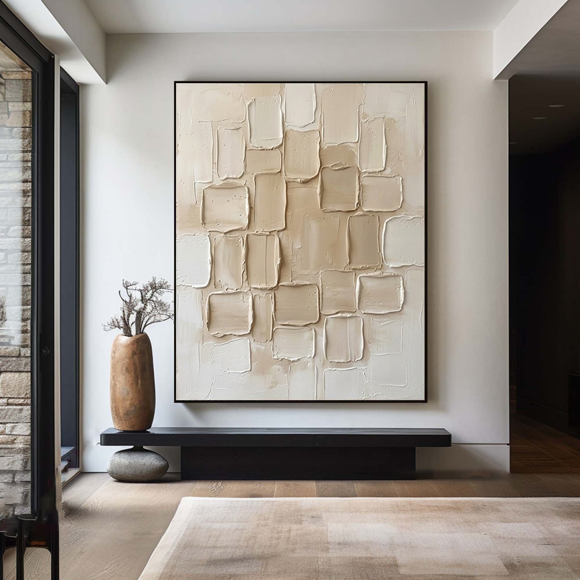 Large Cream Geometric Textured Wall Art Modern Neutral Canvas Decor