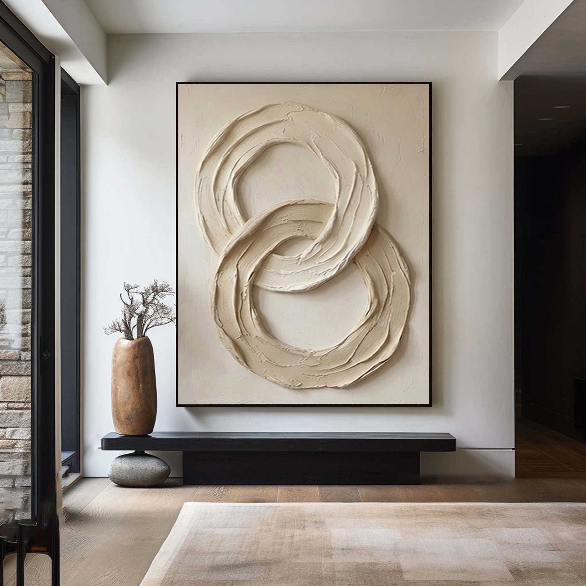 Large Neutral Abstract Circle Texture Wall Art | Hand-Painted Minimalist Canvas
