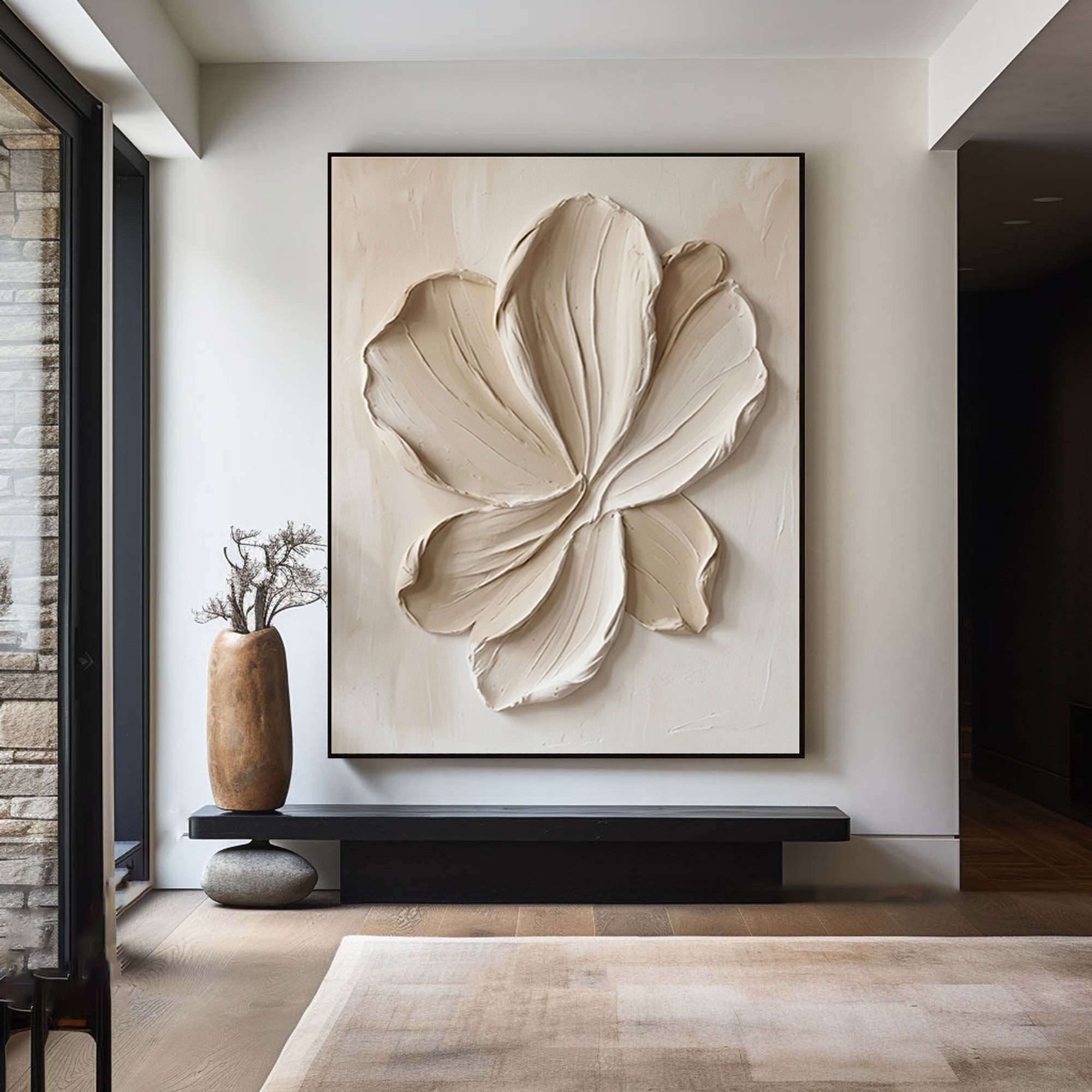 Large Neutral Floral Textured Canvas Art Modern Sculptural Petal Wall Decor 