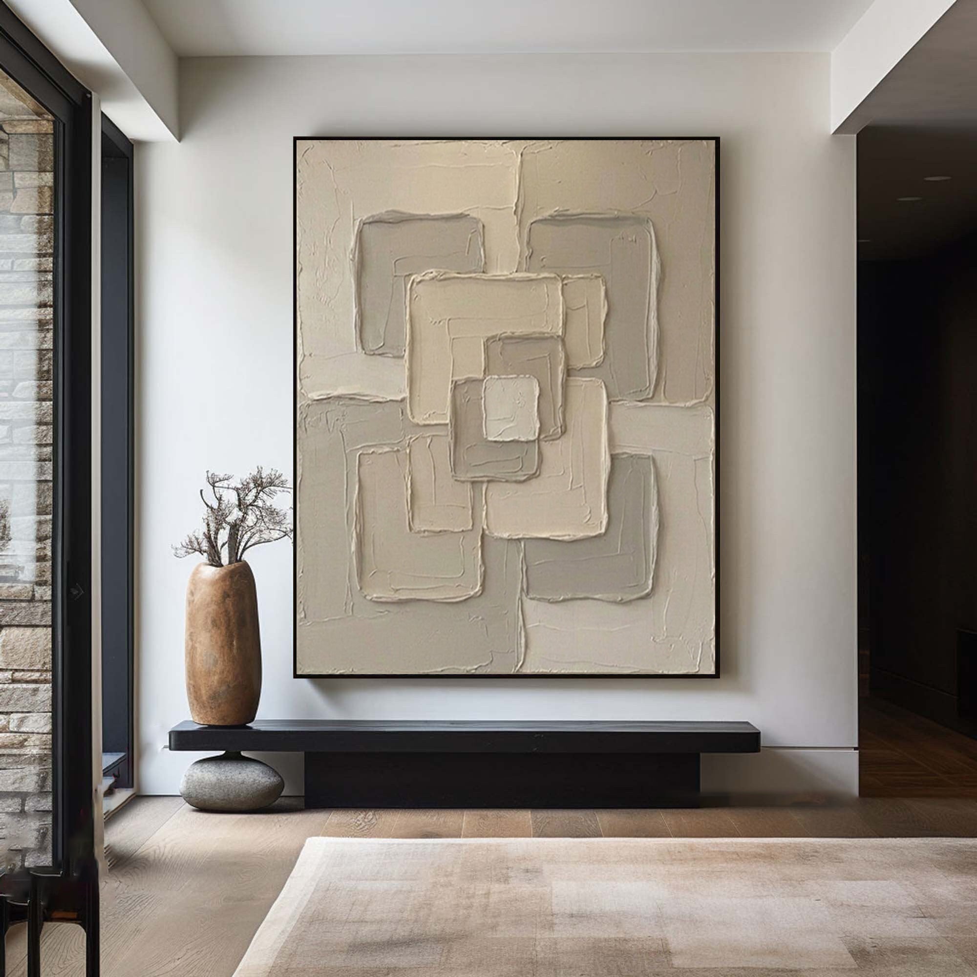 Large Neutral Interlocking Geometric Wall Art Textured Abstract Canvas 