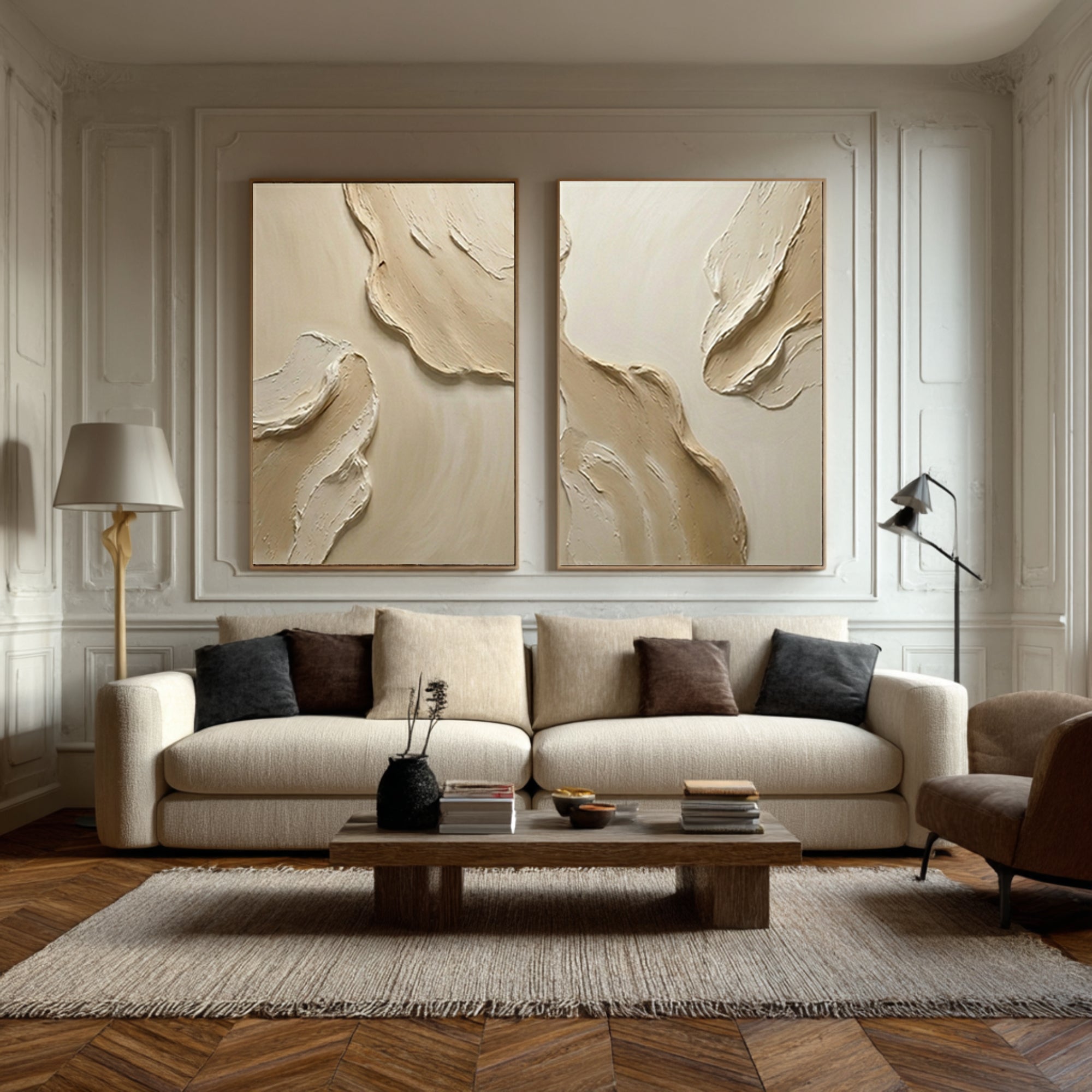 Large Neutral Textured Diptych Wall Art Beige Abstract Canvas Set 