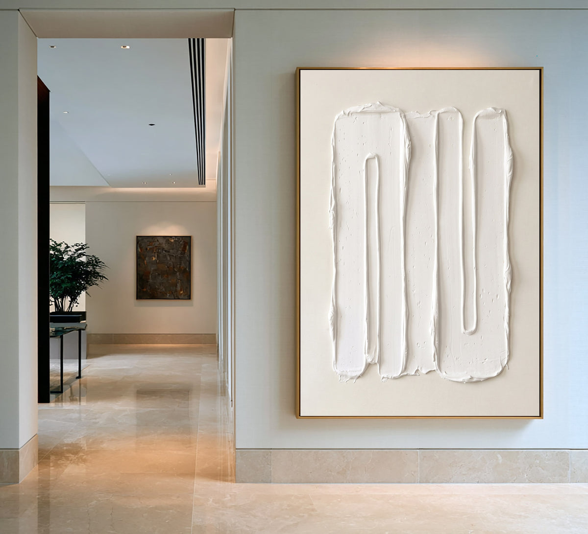 Large Minimalist Raised Vertical Lines Wall Art Ivory Cream Abstract Oil Painting Thick Impasto Texture Sculptural Relief Contemporary Modern Home Decor