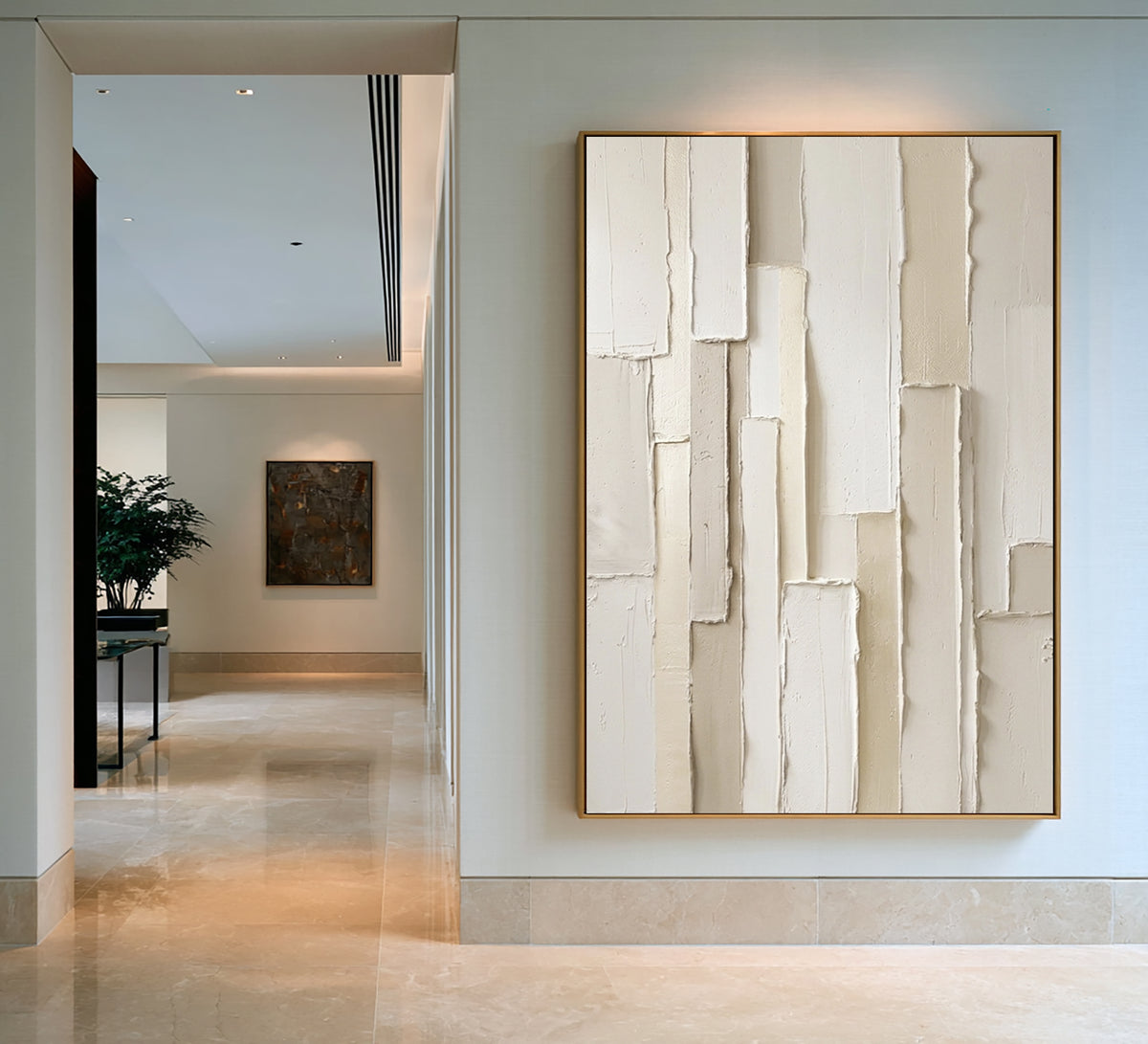 Large Modern Vertical Geometric Textured Wall Art White Beige Abstract Oil Painting 3D Raised Rectangular Relief Contemporary Home Decor