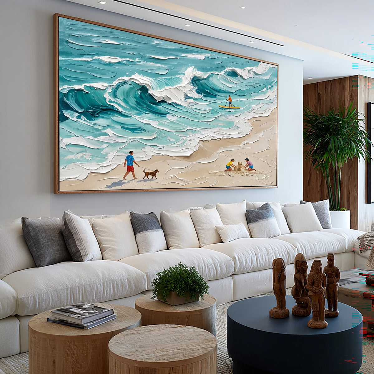 Large Textured Oil Painting Turquoise Ocean Waves Beach Family Coastal Wall Art