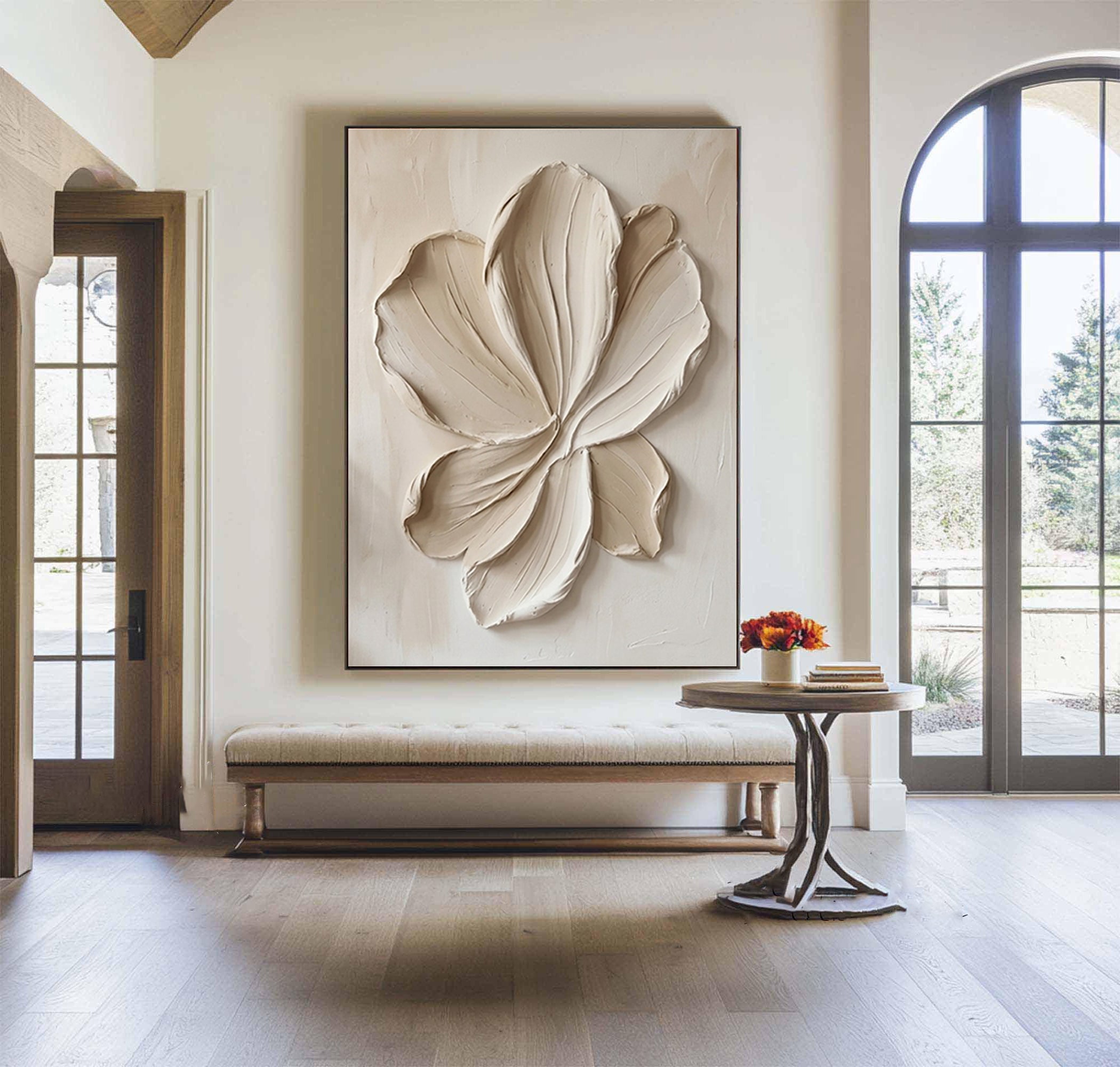 Large Neutral Floral Textured Canvas Art Modern Sculptural Petal Wall Decor 