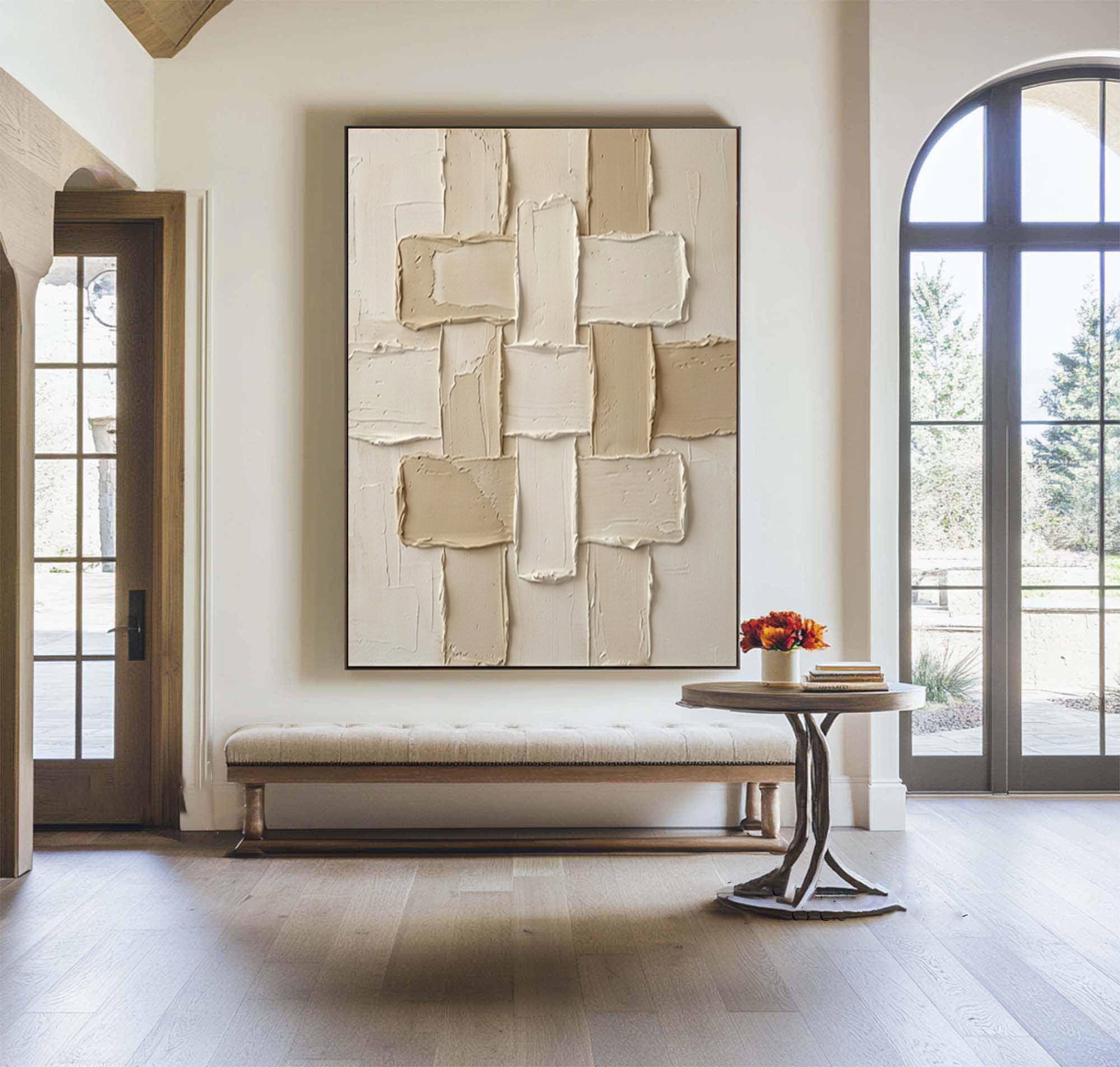 Large Neutral Interlocking Textured Canvas Art Modern Geometric Wall Decor 