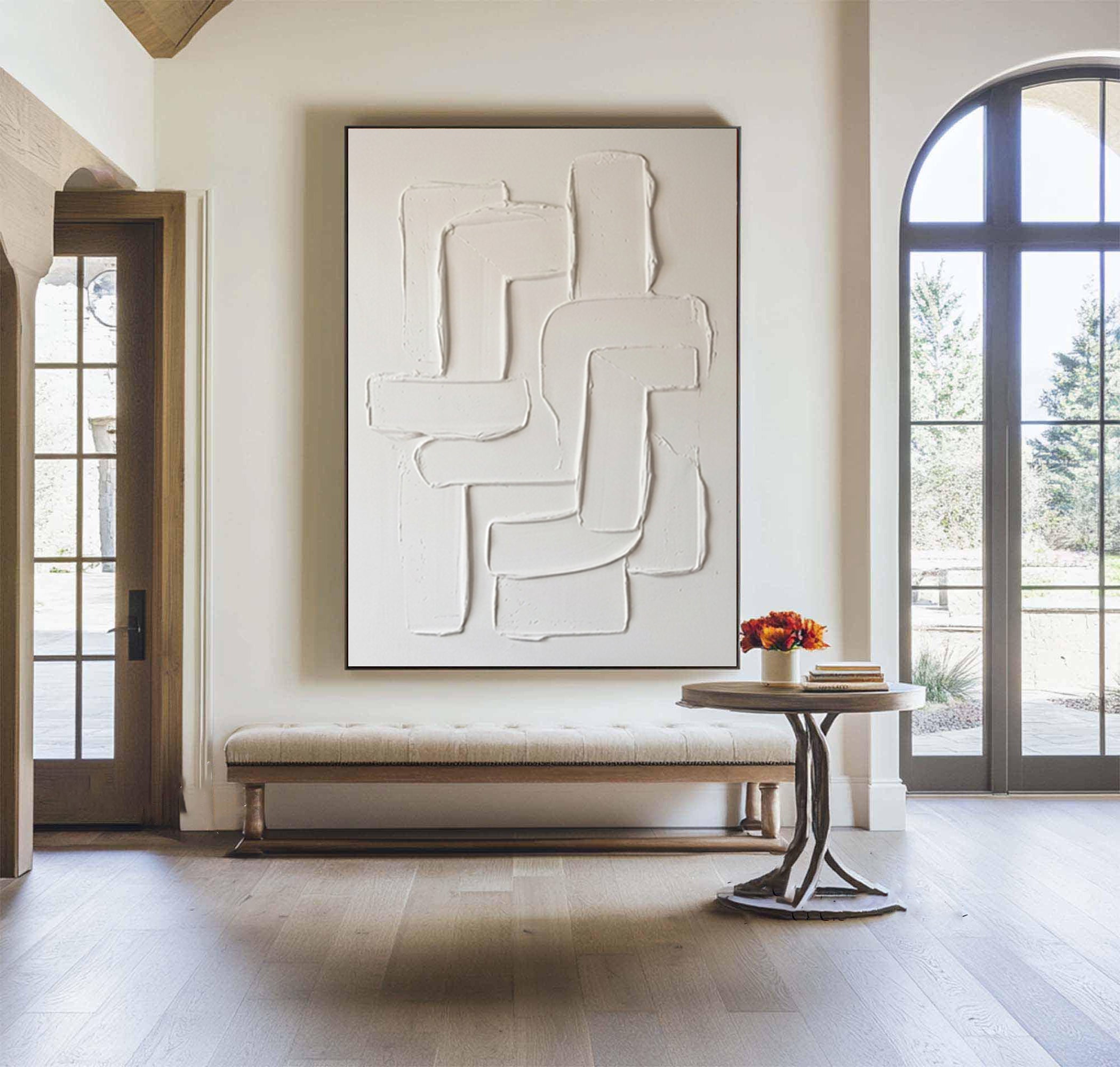 Large White Textured Abstract Wall Art Minimalist Relief Canvas Painting