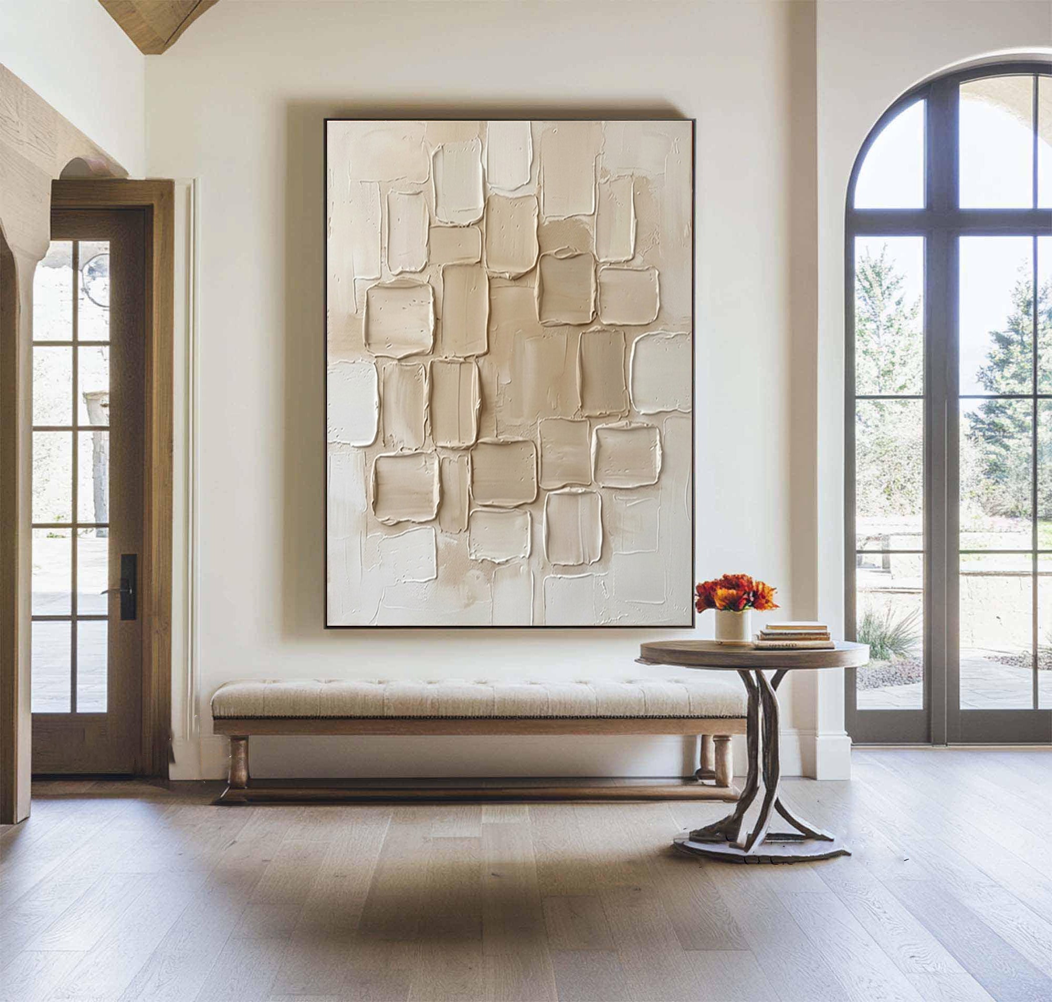 Large Cream Geometric Textured Wall Art Modern Neutral Canvas Decor