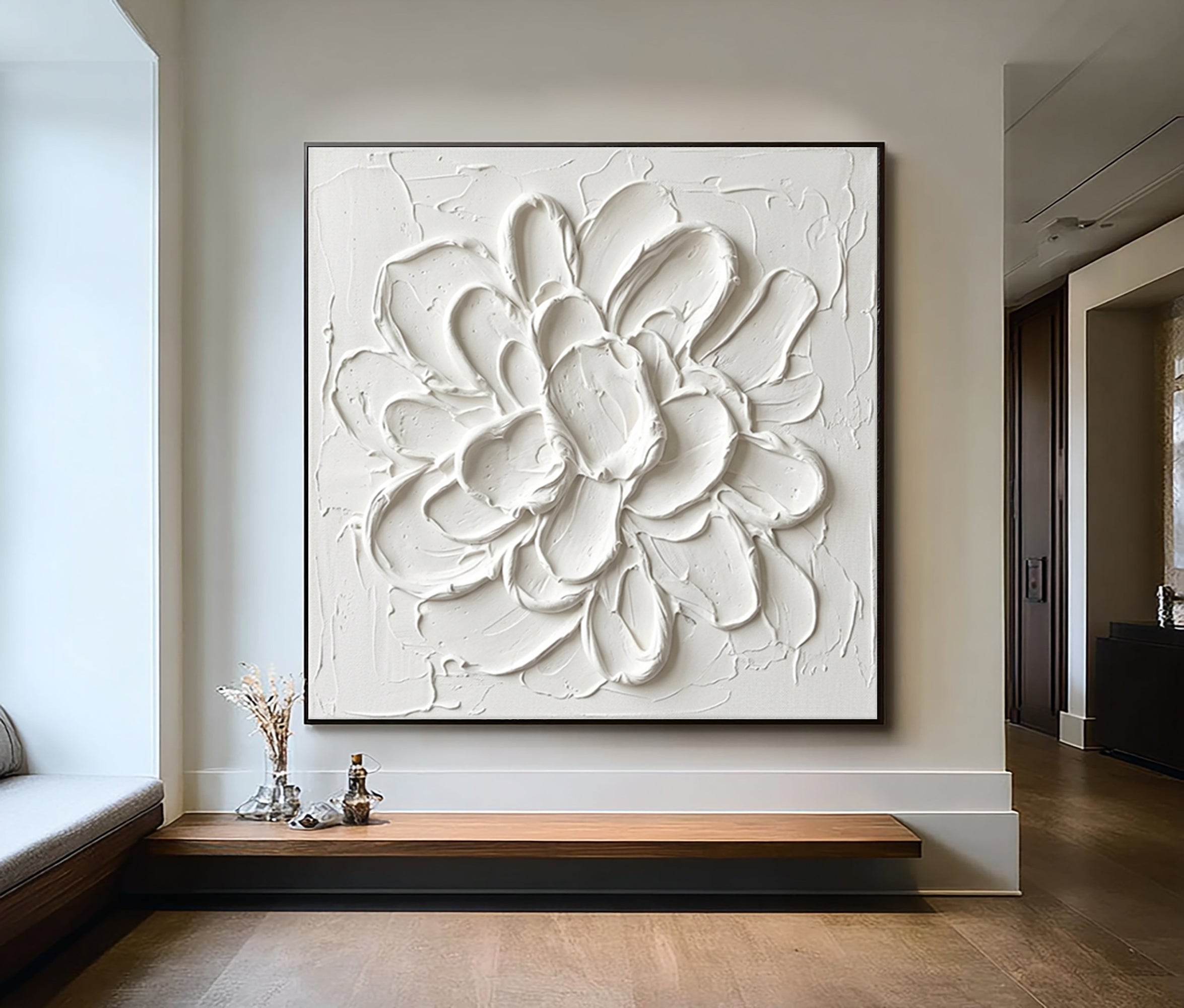 Large Blooming Relief Texture Canvas Art Contemporary Neutral Wall Decor