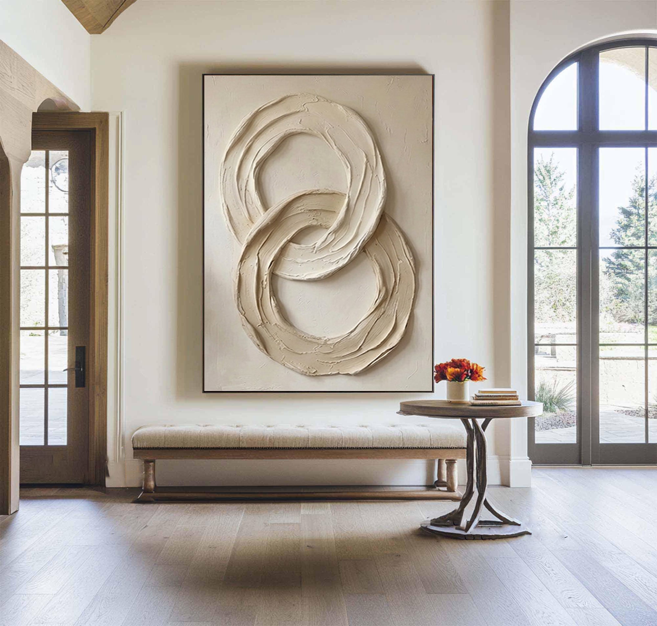 Large Neutral Abstract Circle Texture Wall Art | Hand-Painted Minimalist Canvas