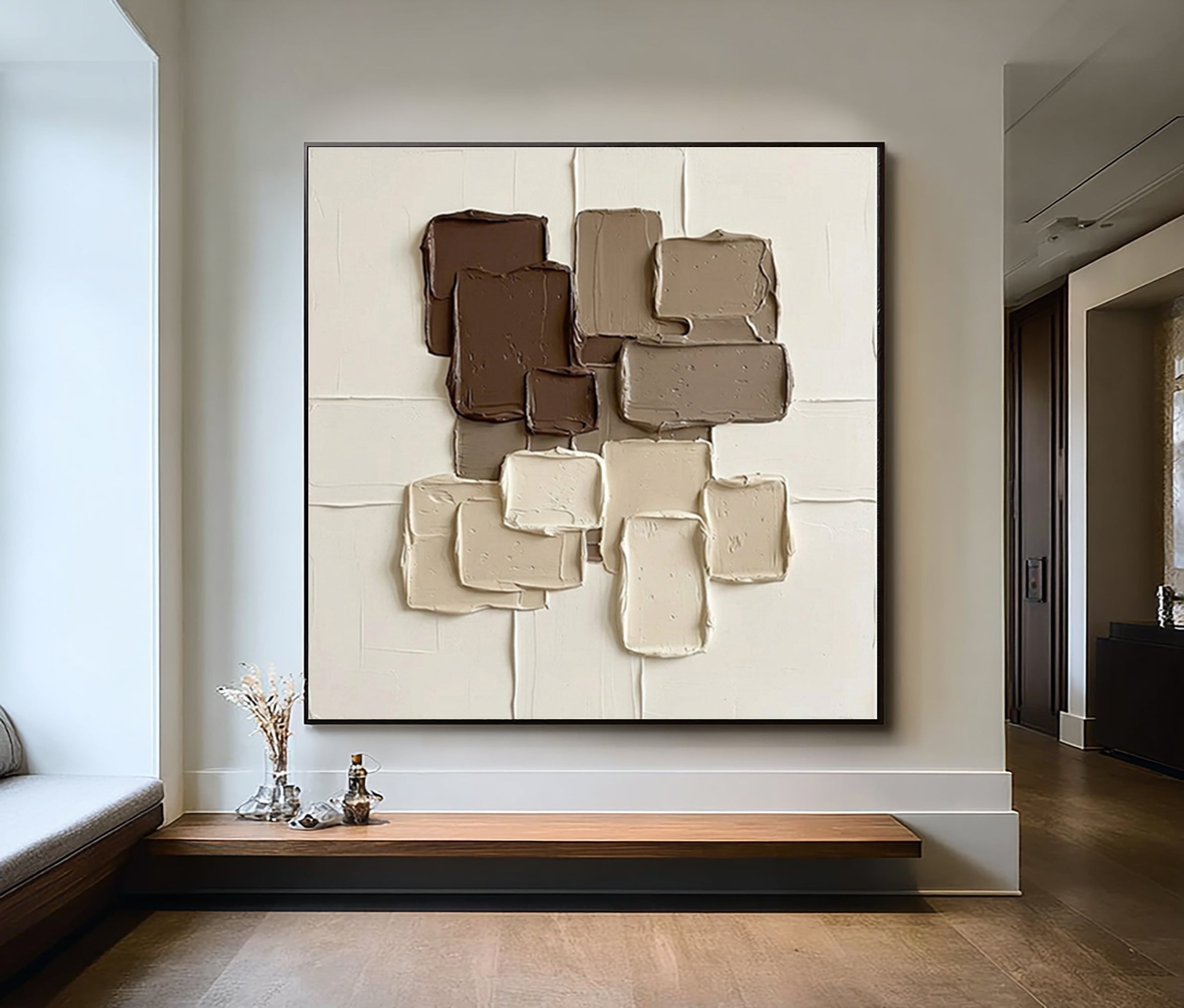 Large Earth Tone Relief Wall Art Neutral Brown Textured Painting