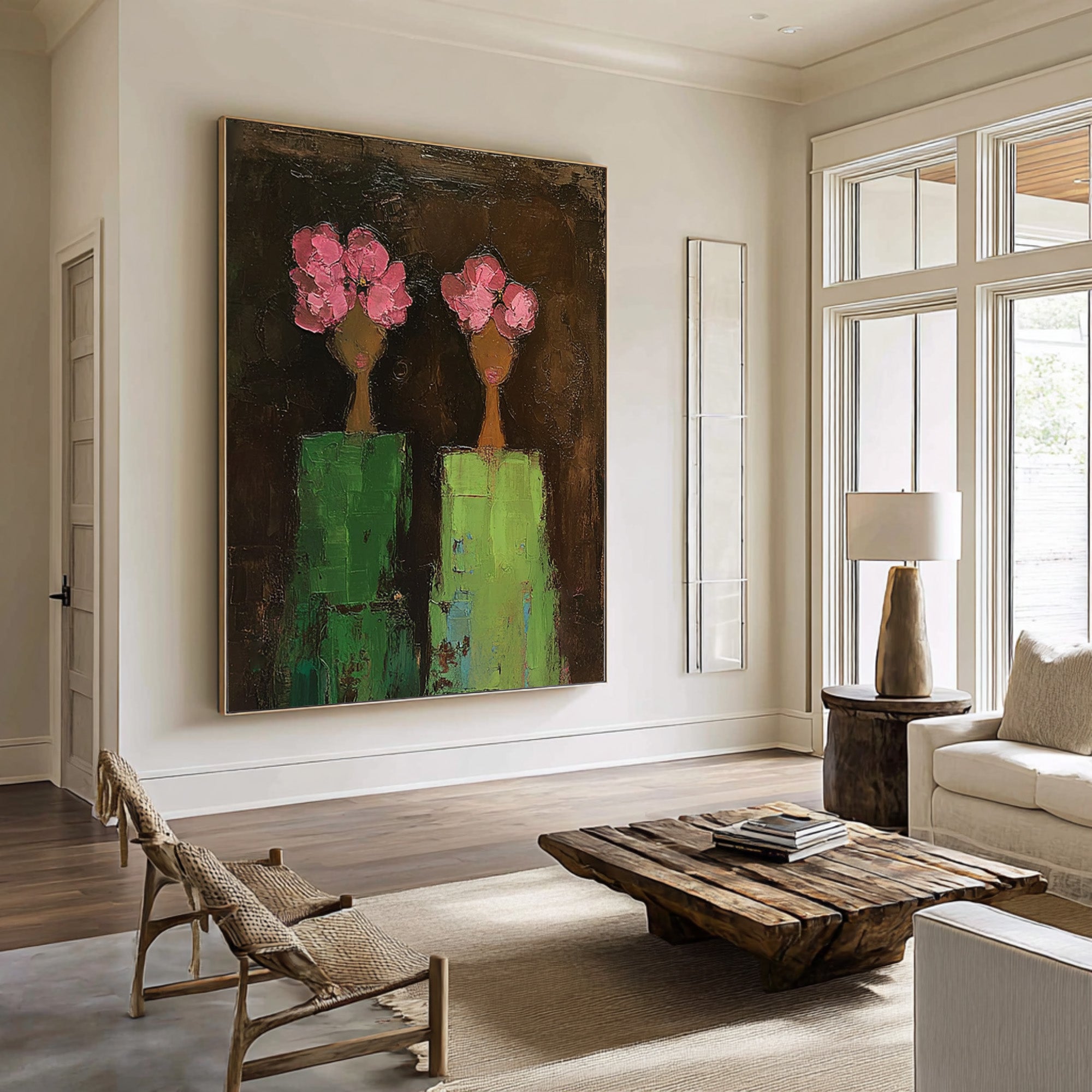 Large Modern Figurative Oil Painting on Canvas – Elegant Pink Floral Portrait Wall Art #WAB 039