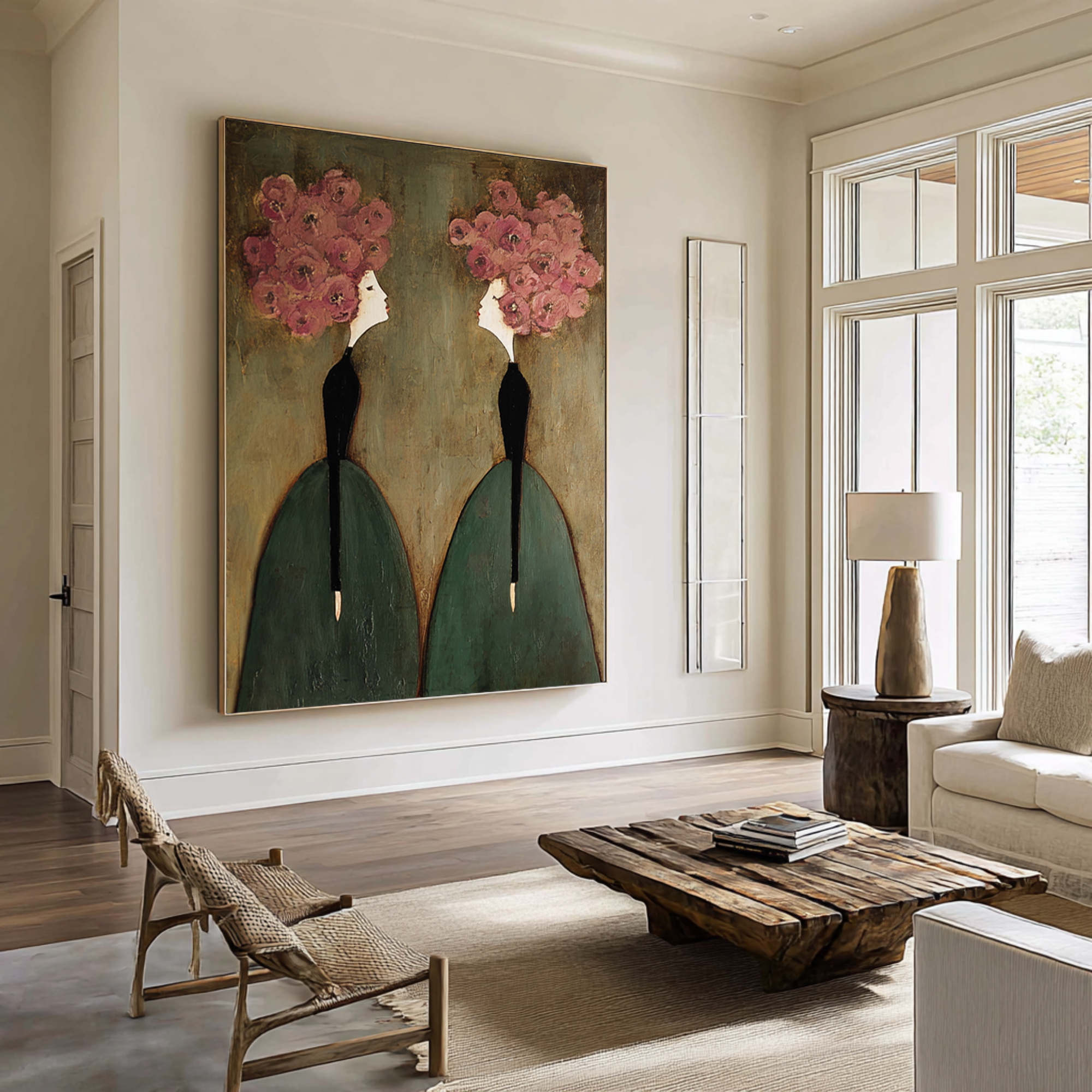 Large Floral Figurative Wall Art Elegant Women Canvas Painting 