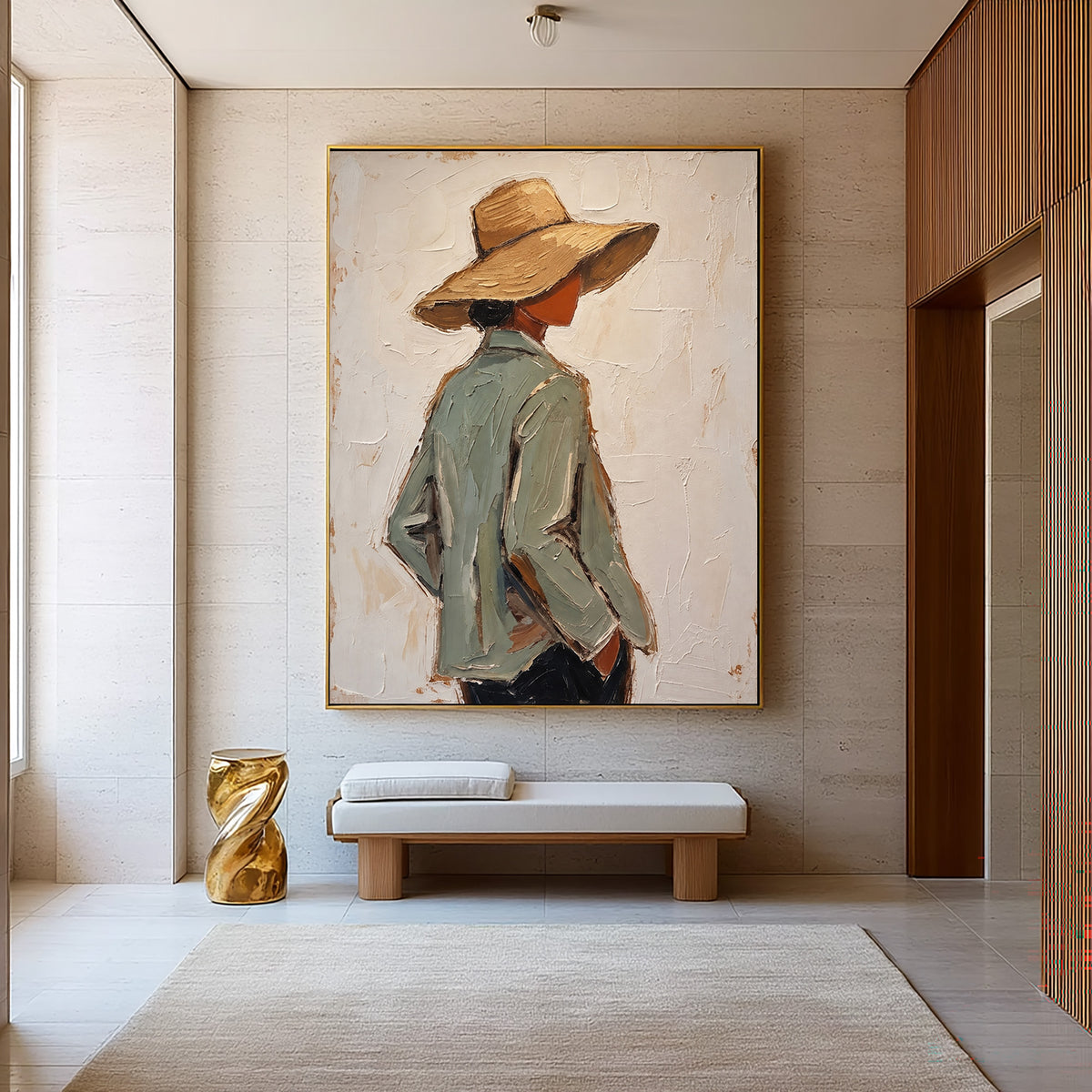 Textured Woman Portrait Sage Green Jacket Straw Hat Painting