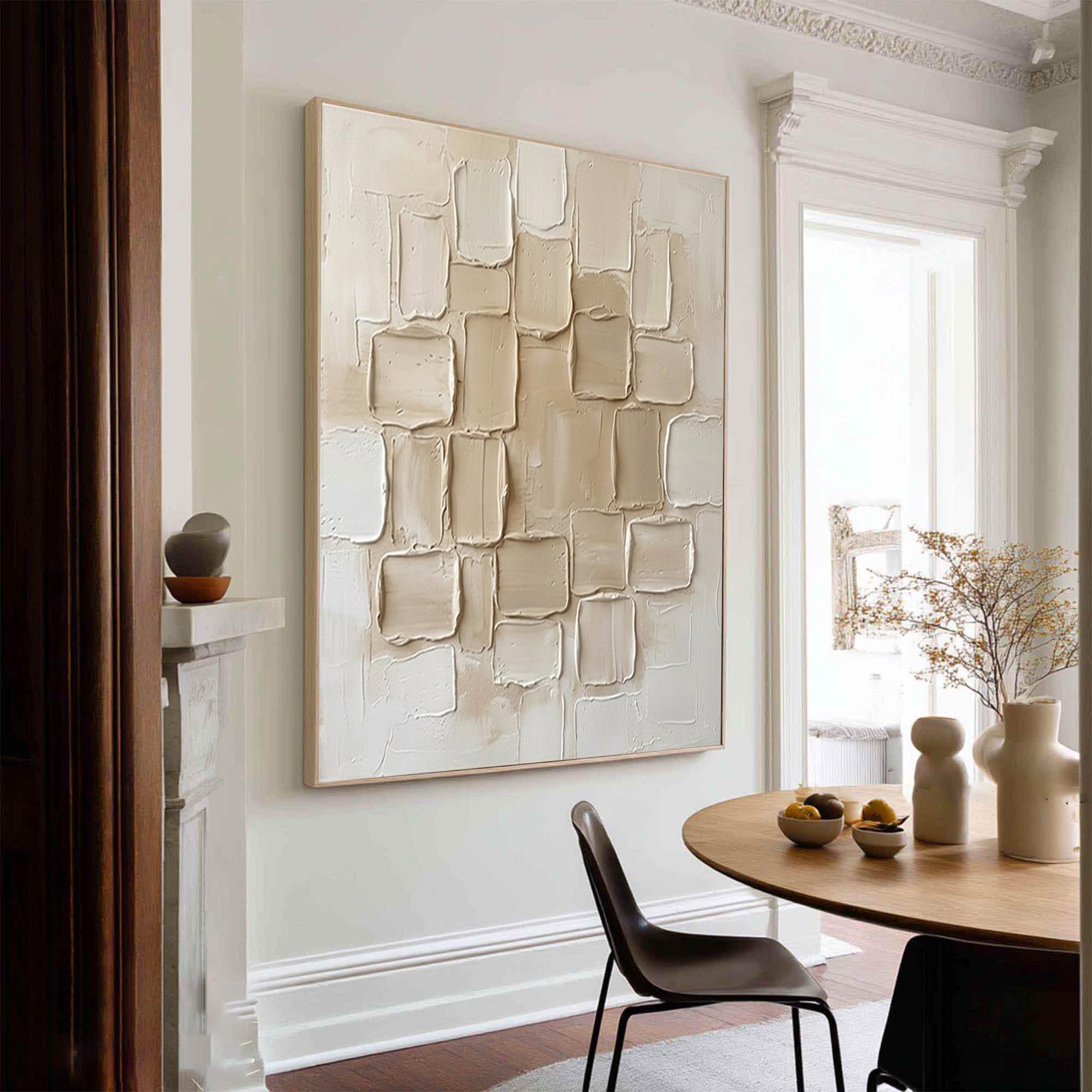 Large Cream Geometric Textured Wall Art Modern Neutral Canvas Decor