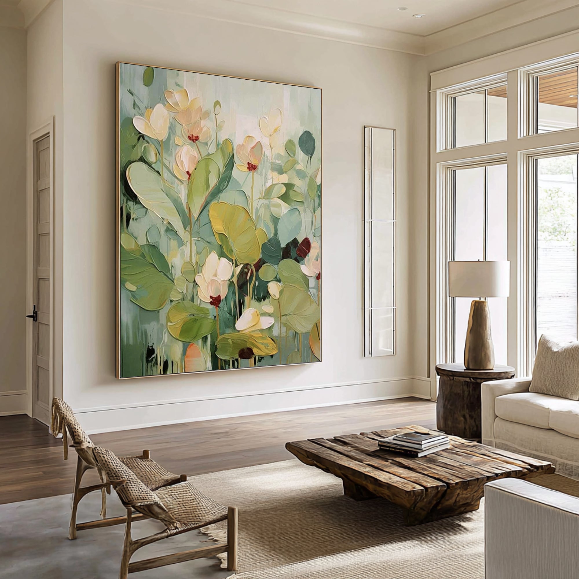 Large Botanical Floral Painting Modern Green Wall Art 