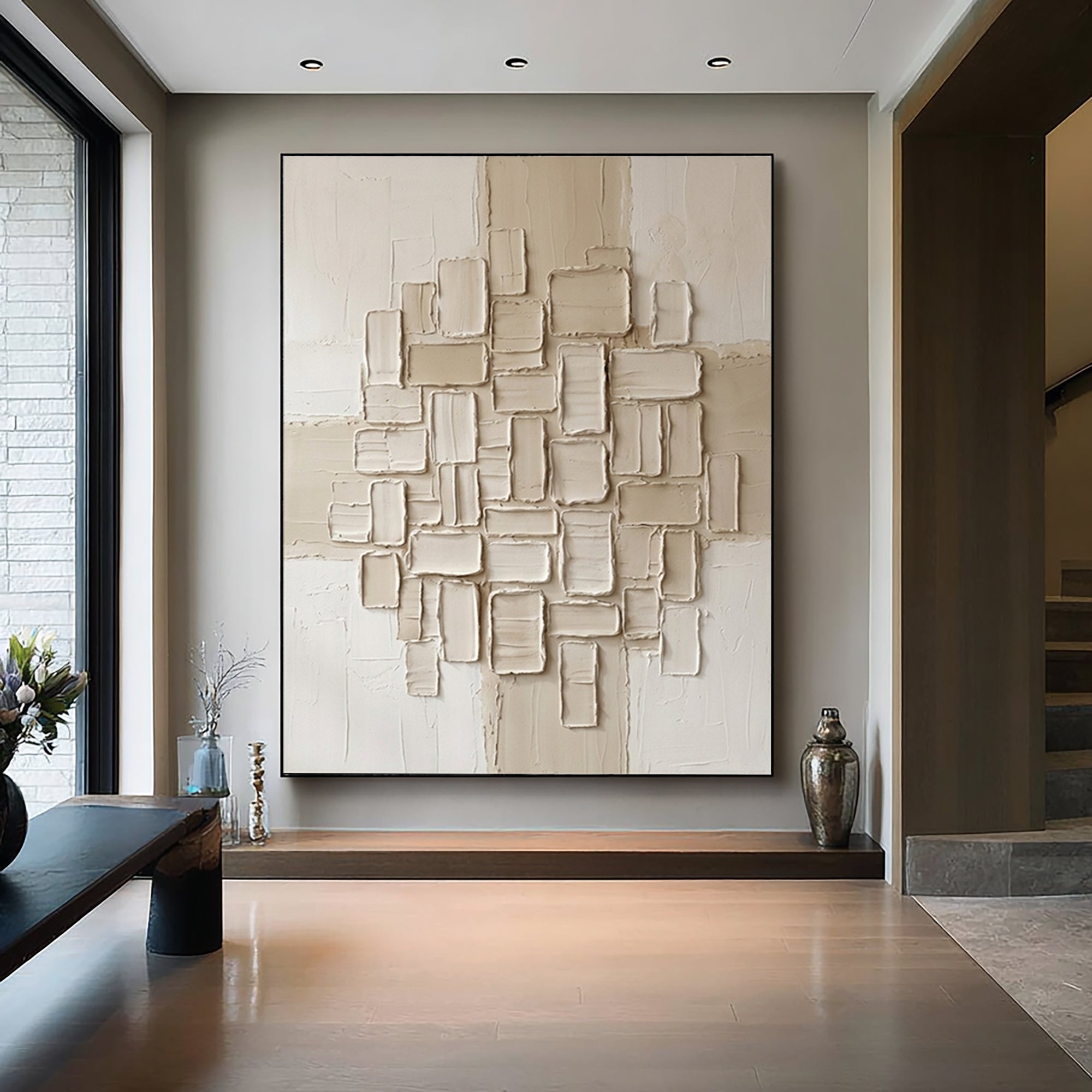 Large Contemporary Beige Texture Canvas Art with Sculptural Relief Design