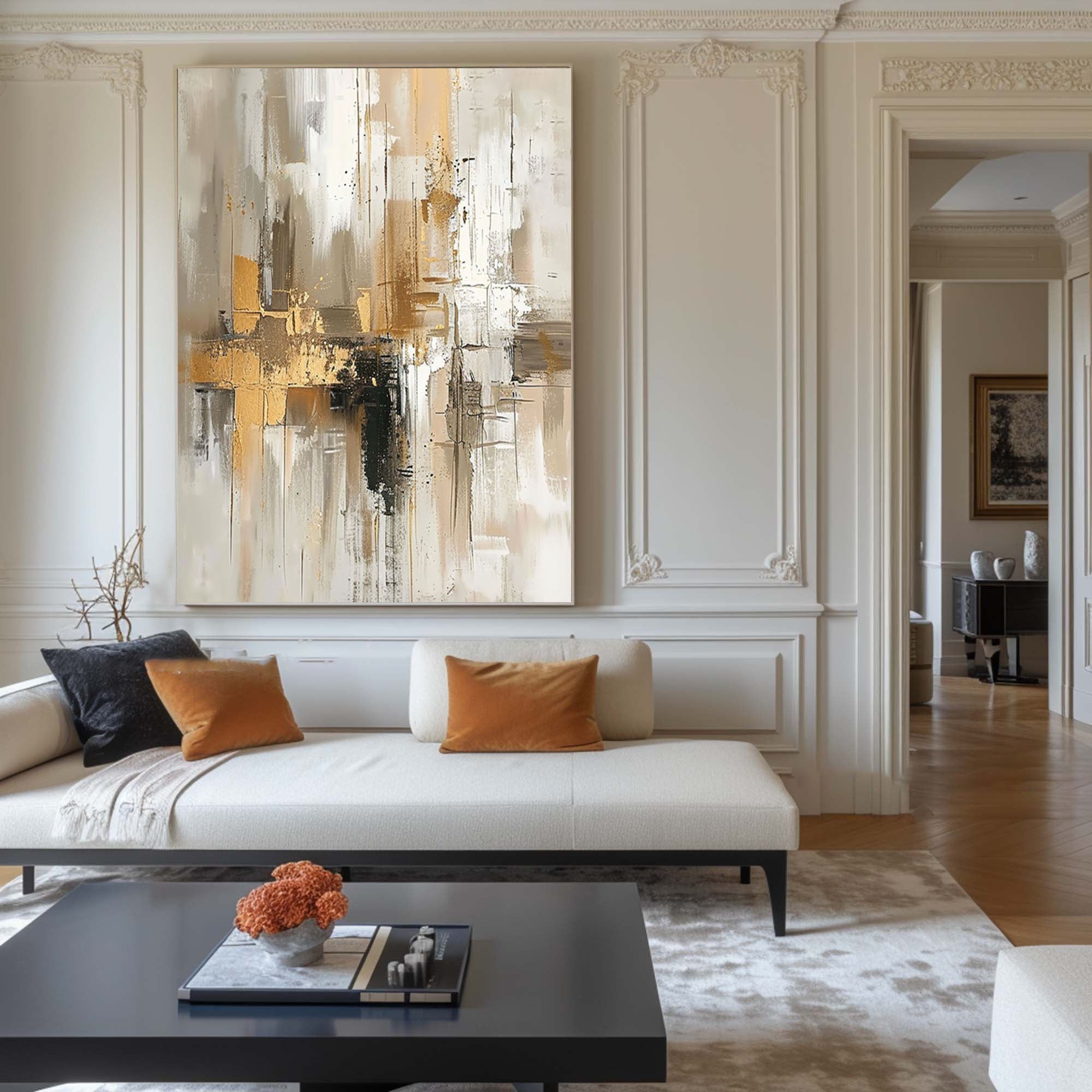 Neutral and Gold Abstract Art Oil Painting for Living Room #BBA 015