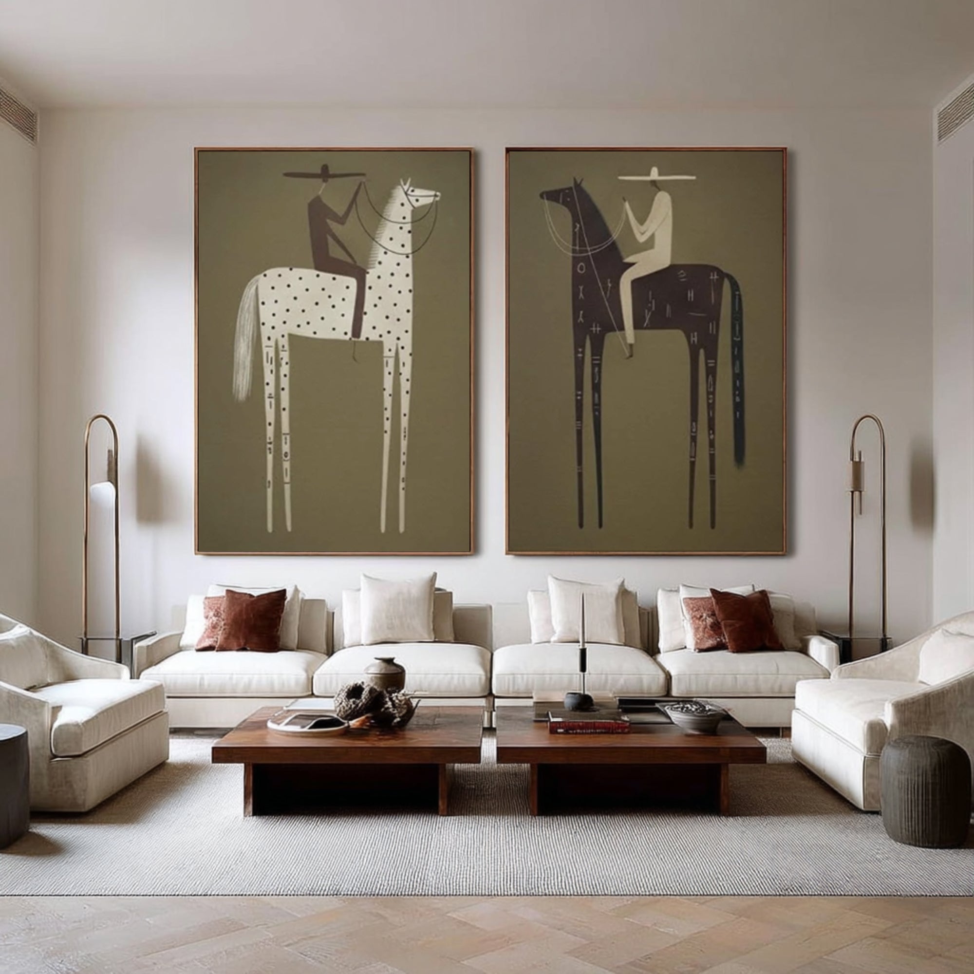 Large Tribal Horse Rider Wall Art Contemporary Abstract Equestrian Diptych