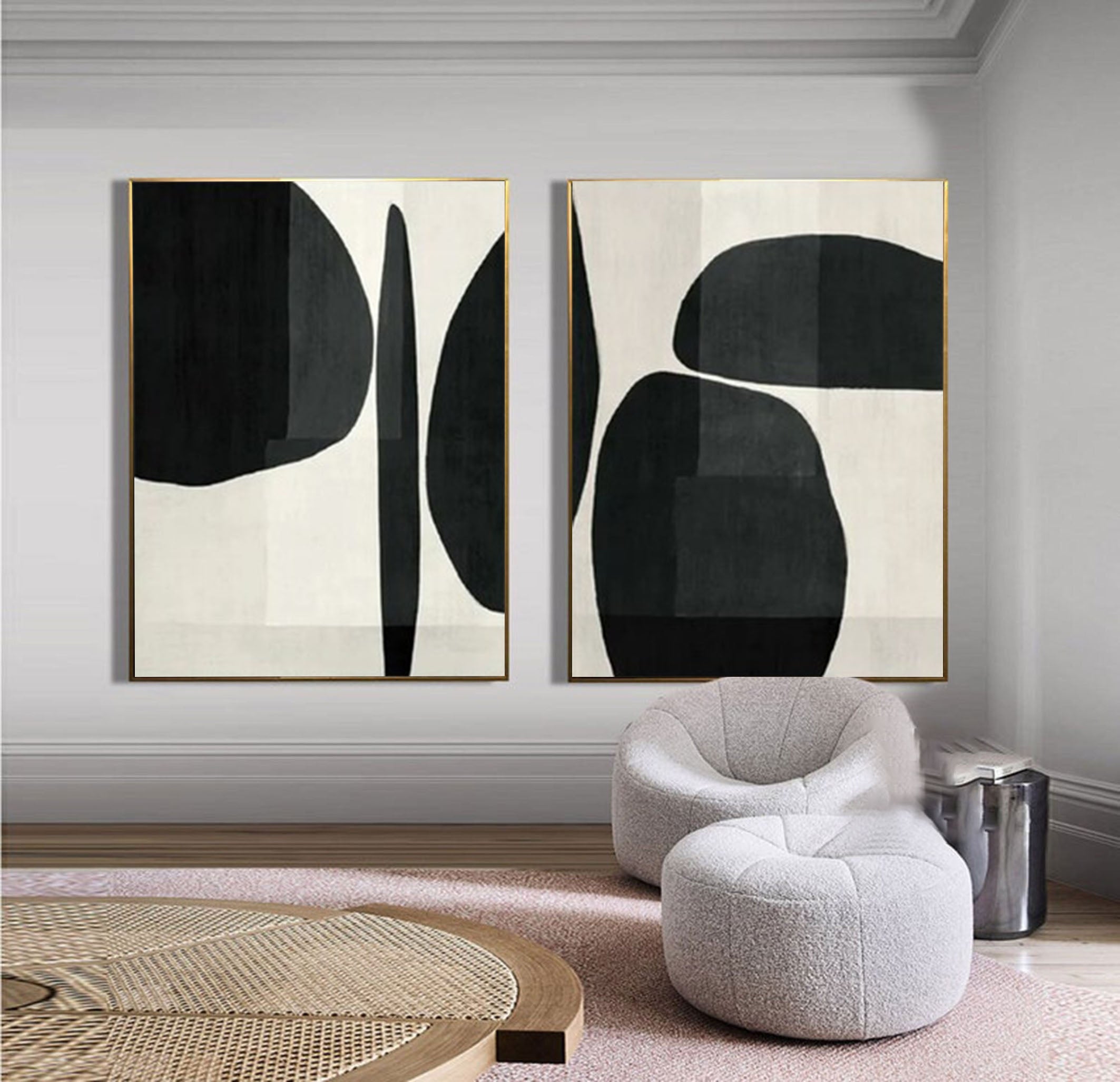 Abstract Geometric Canvas Art Black and White Painting Set of 2 #BWS 001