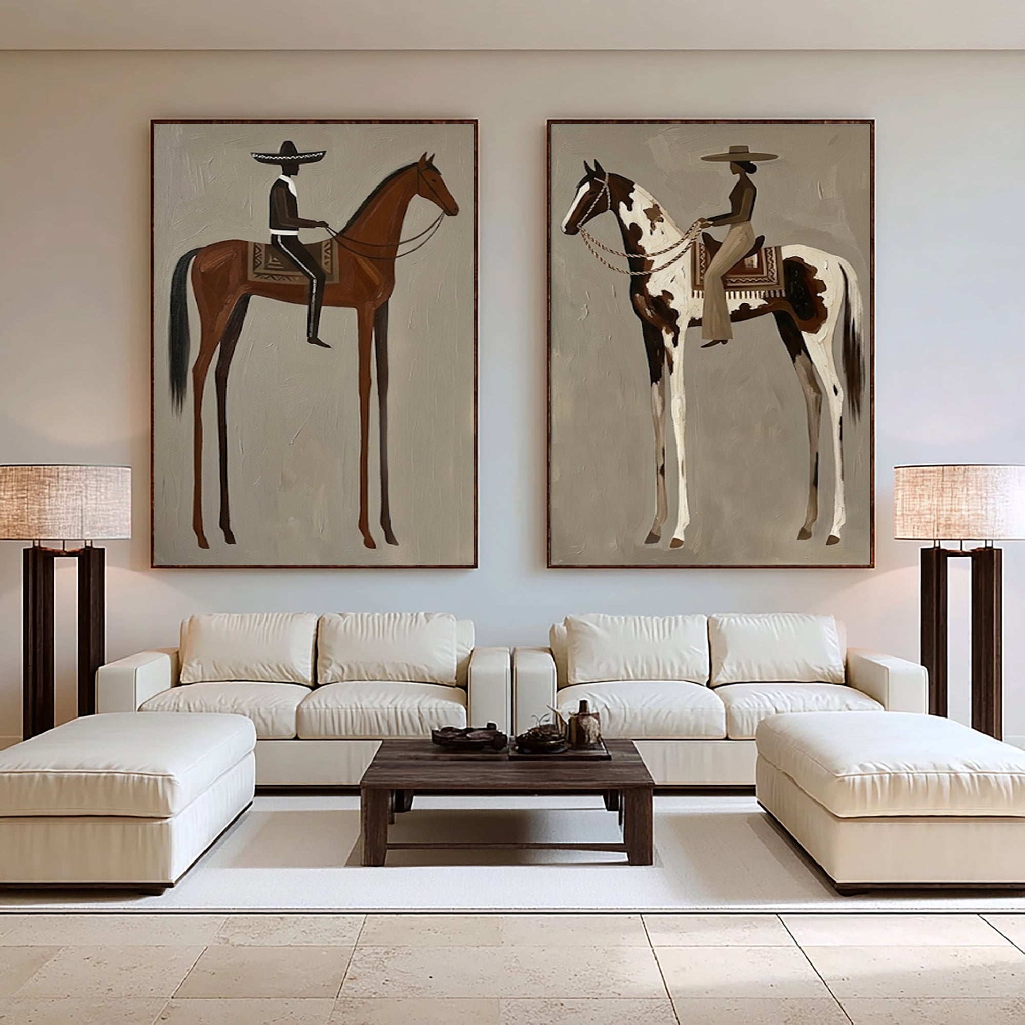 Large Cowboy Cowgirl Wall Art Southwestern Western Horse Oil Painting Diptych 