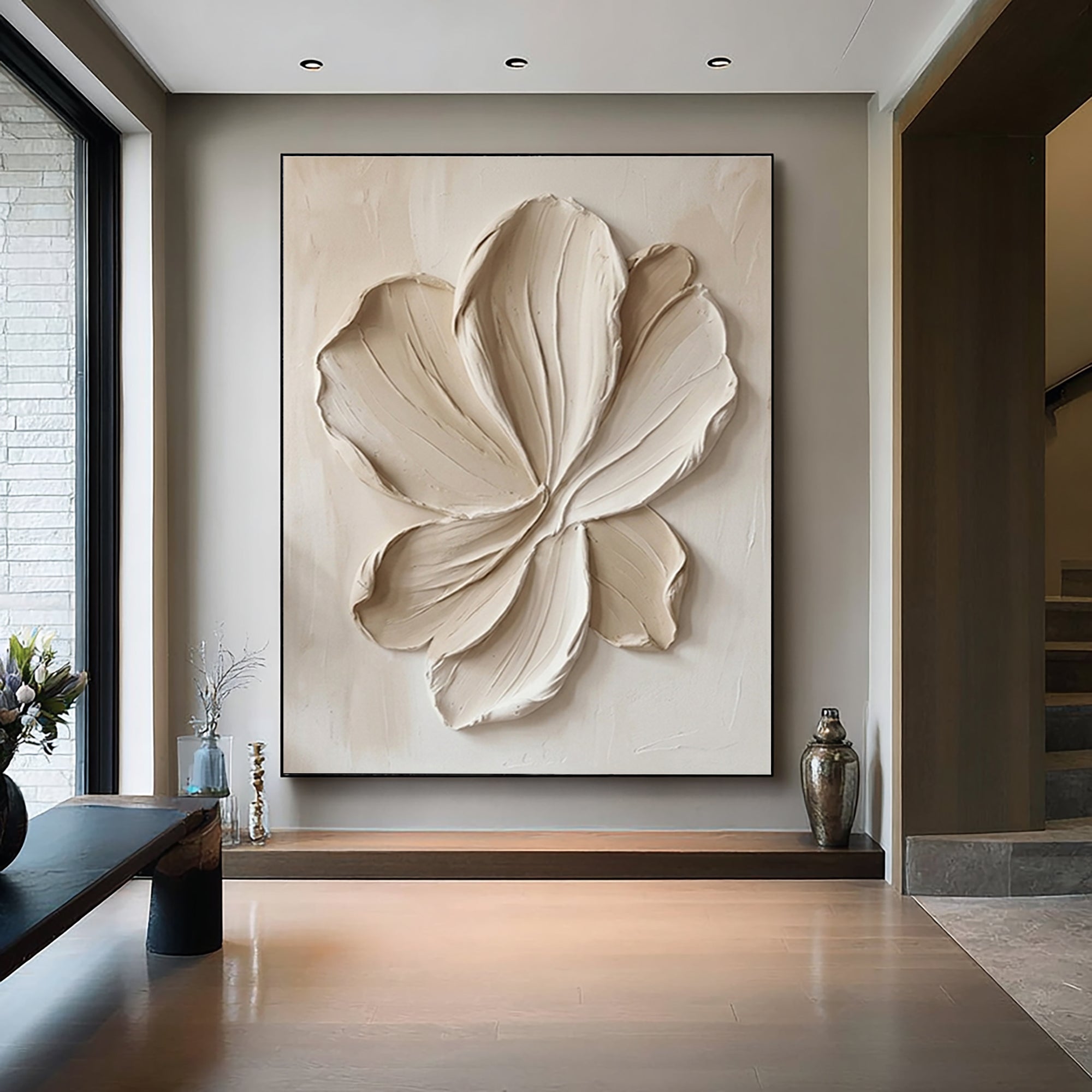 Large Neutral Floral Textured Canvas Art Modern Sculptural Petal Wall Decor 