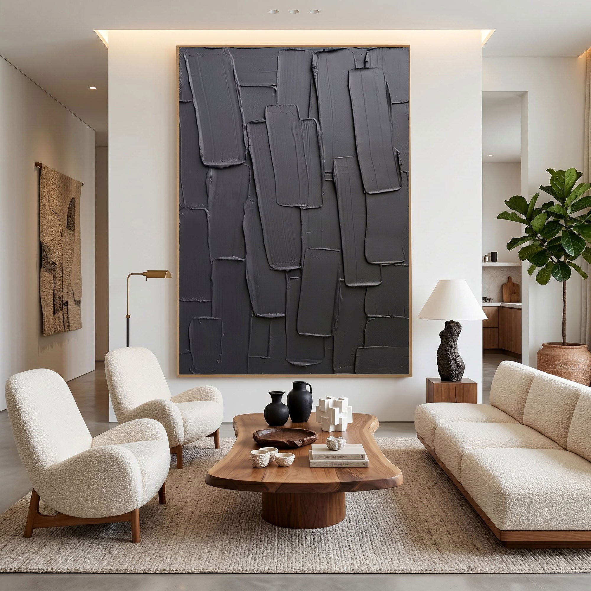 Large Black Textured Wall Art Modern Abstract Oil Painting Impasto Layered Minimalist Contemporary Decor