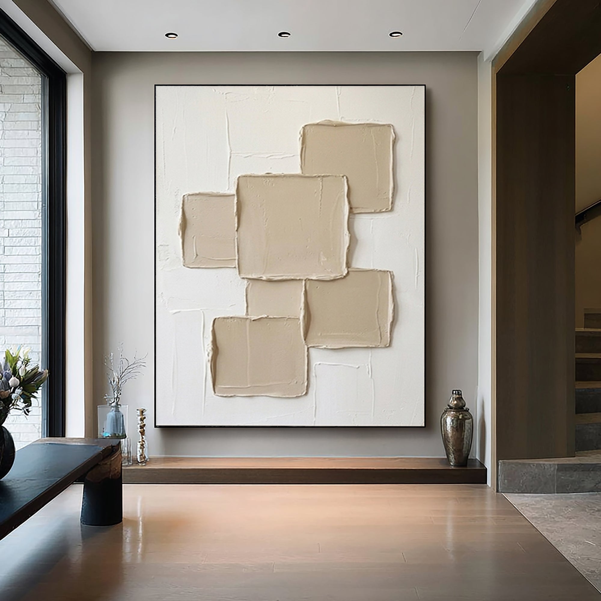 Large Geometric Textured Canvas Art Neutral Abstract Wall Decor