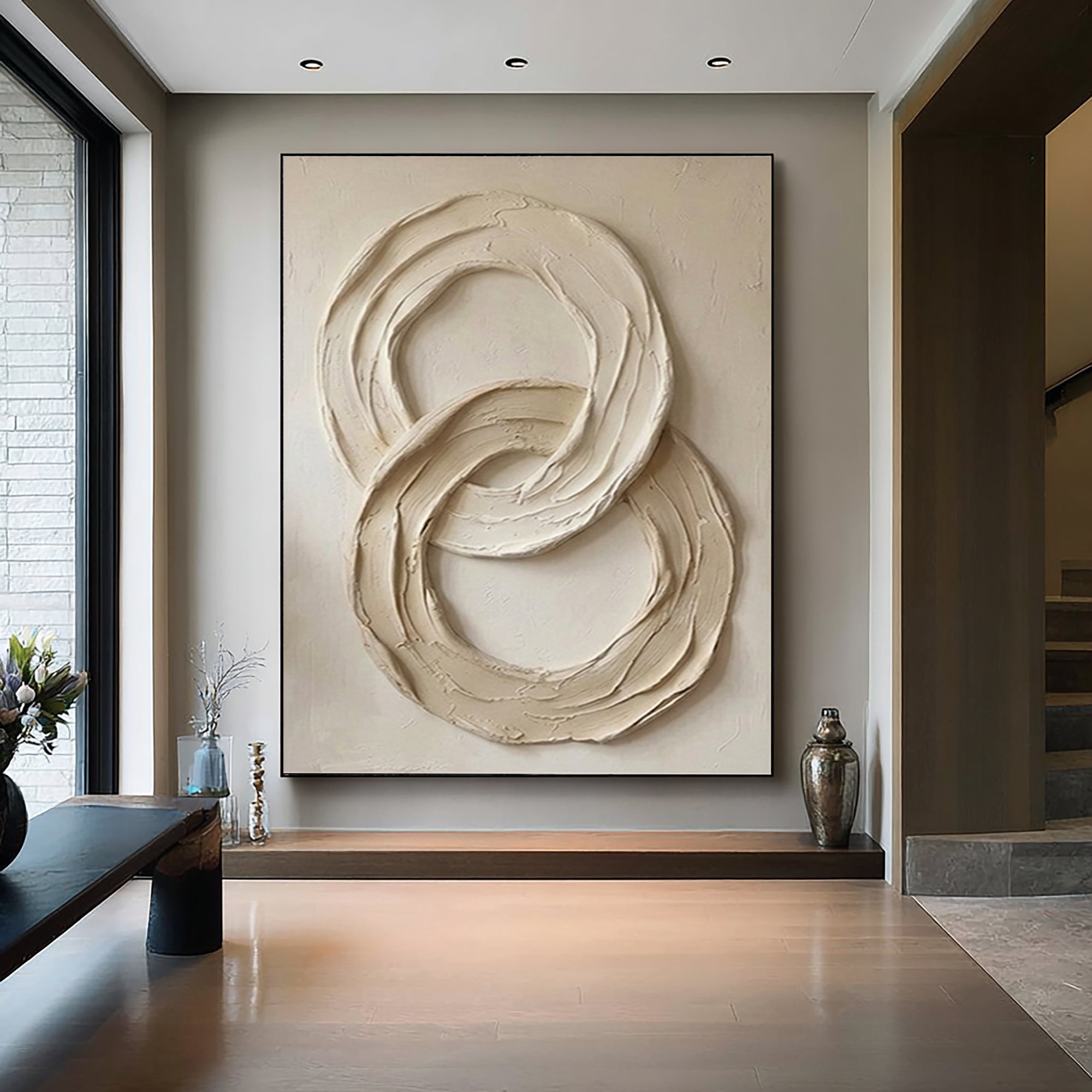 Large Neutral Abstract Circle Texture Wall Art | Hand-Painted Minimalist Canvas