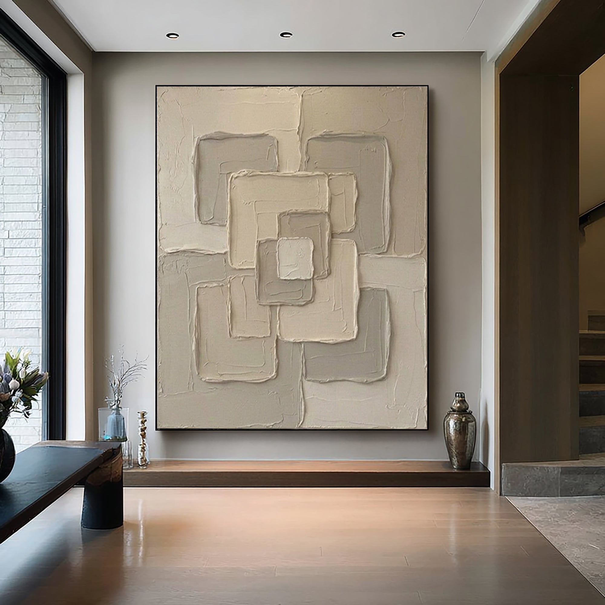 Large Neutral Interlocking Geometric Wall Art Textured Abstract Canvas 