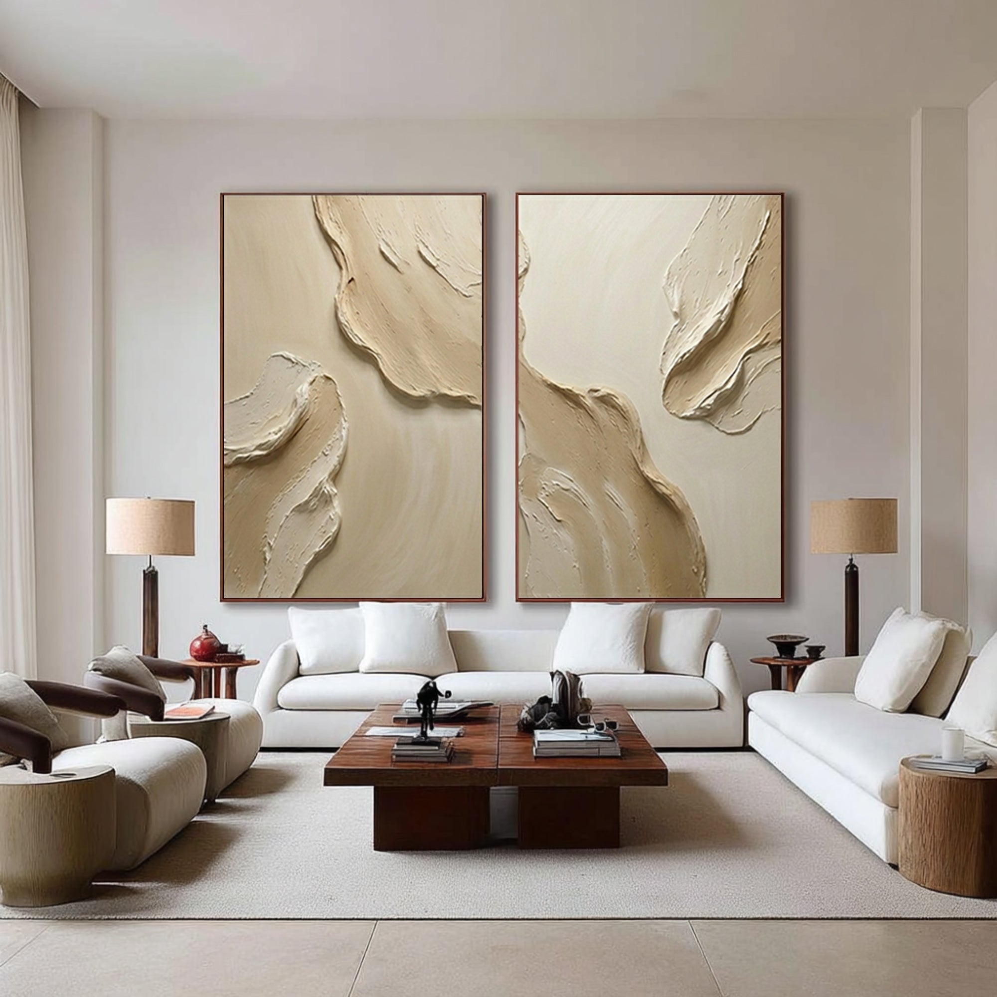 Large Neutral Textured Diptych Wall Art Beige Abstract Canvas Set 