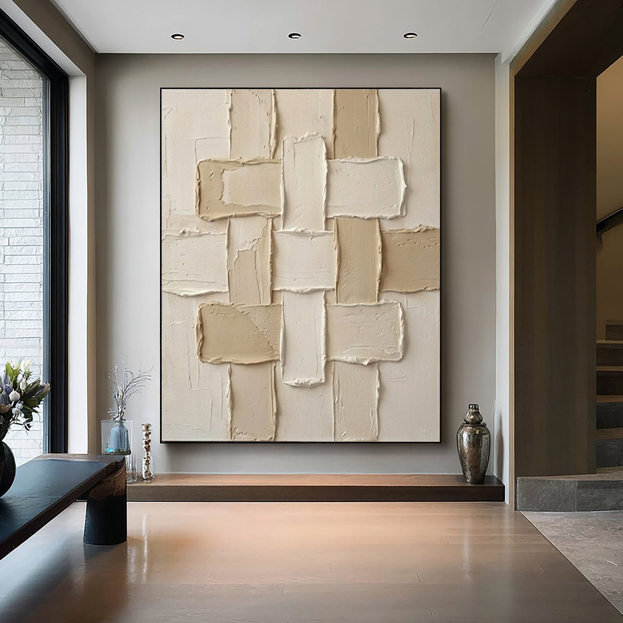 Large Neutral Interlocking Textured Canvas Art Modern Geometric Wall Decor 