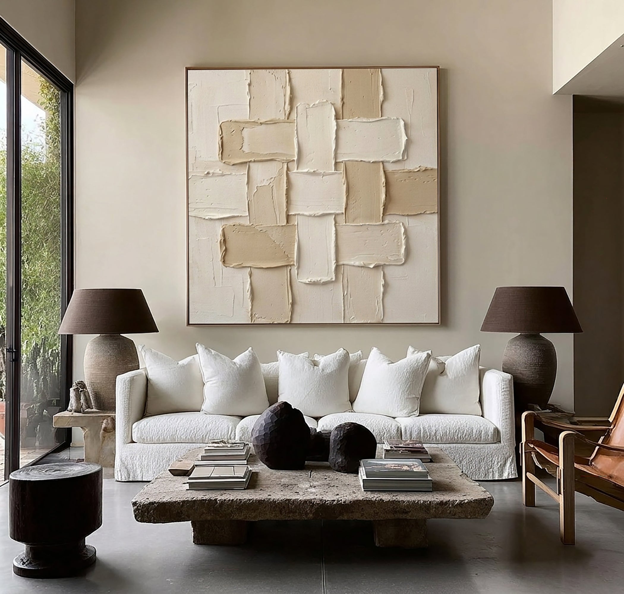 Large Balanced Relief Grid Wall Art Minimalist Neutral Painting