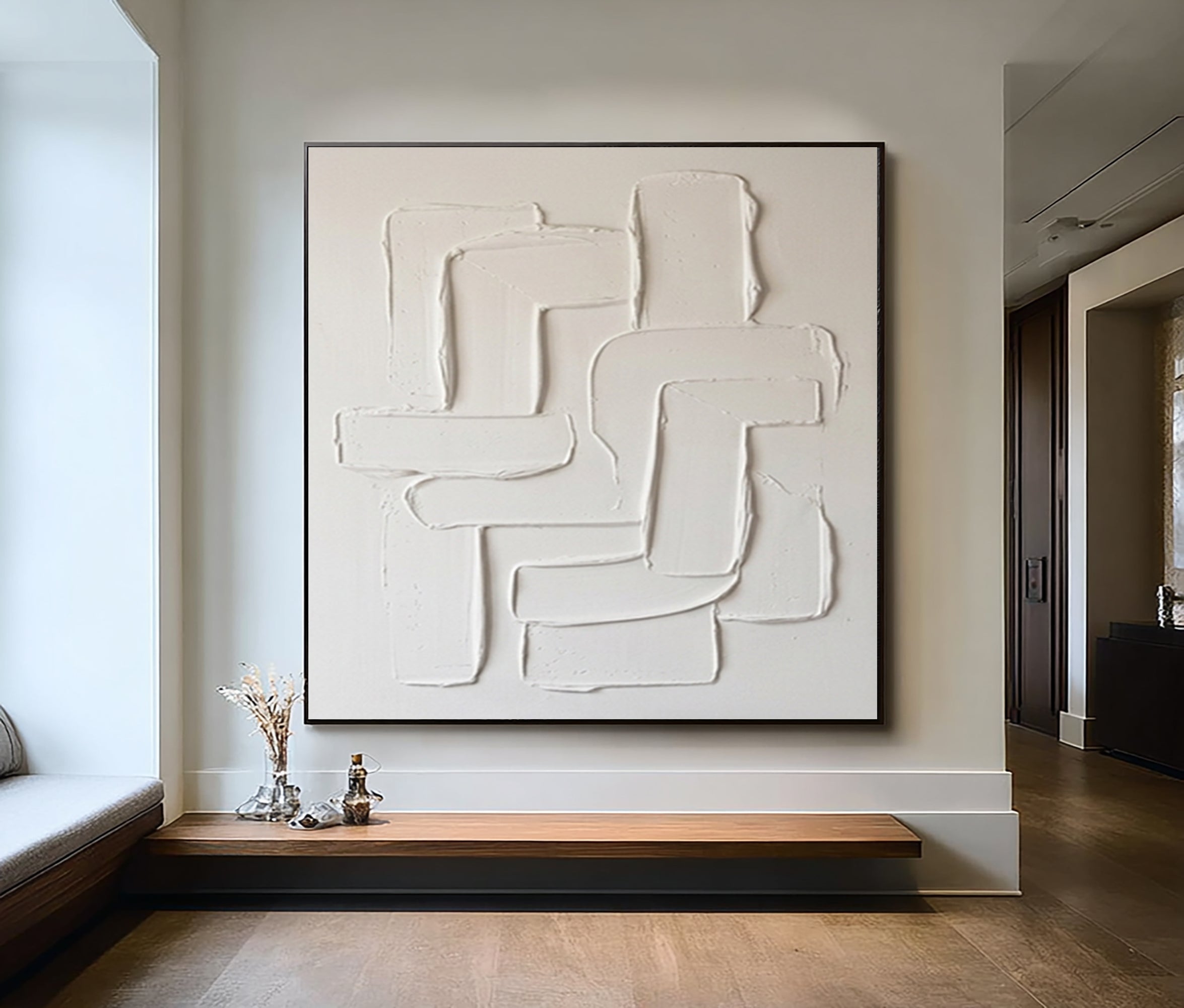 Large White Textured Wall Art Hand Painted Modern Abstract Canvas