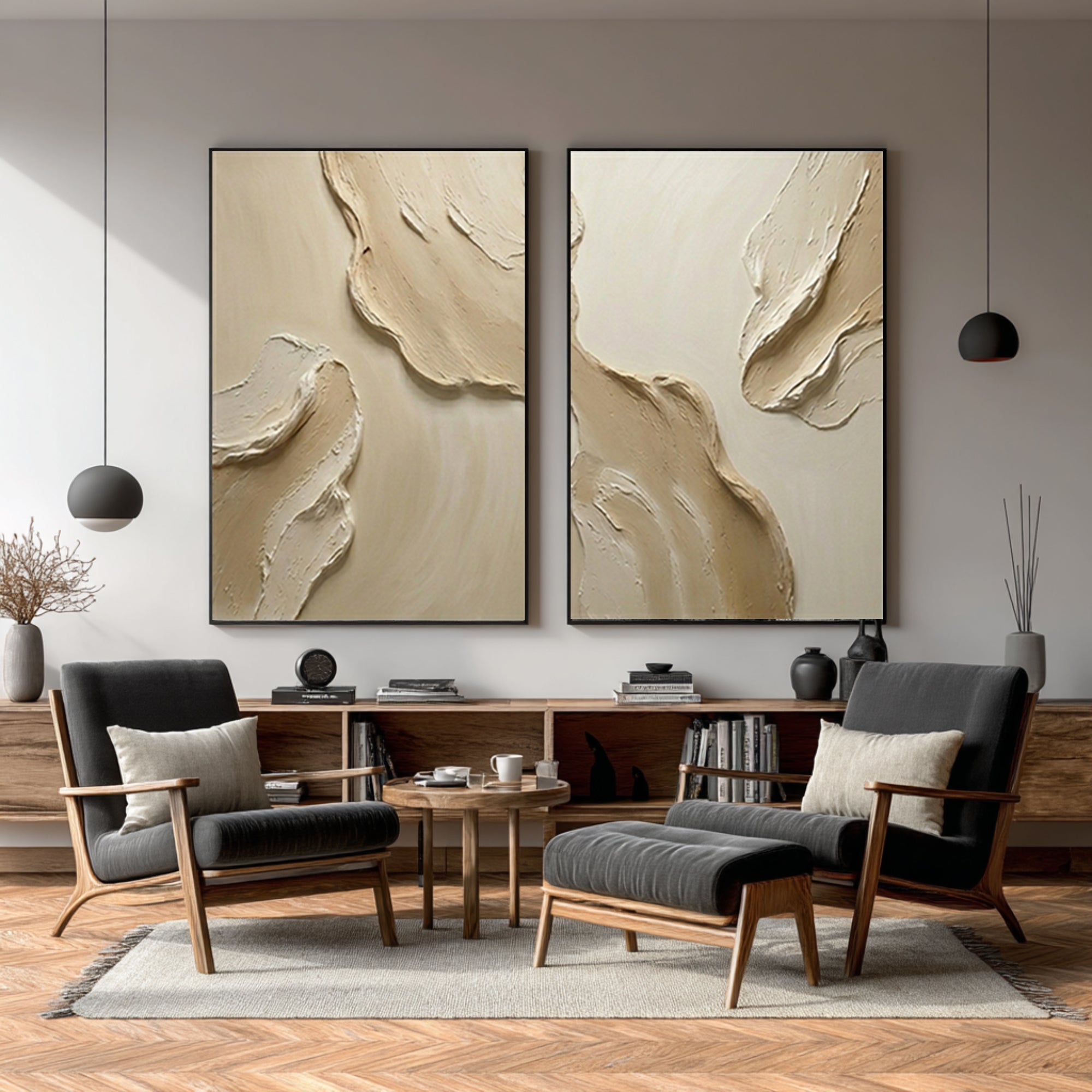 Large Neutral Textured Diptych Wall Art Beige Abstract Canvas Set 
